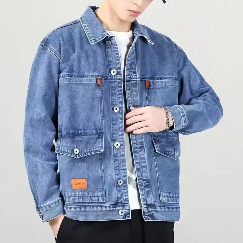 Spring Autumn Loose Men's Denim Jacket Versatile Casual Workwear Jacket American Style Cotton Pure Color Long Sleeve Coat thumbnail 3