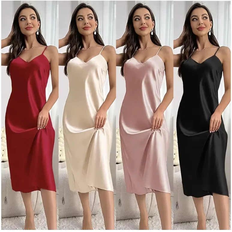 New Sexy Solid Color Long Nightdress Women's Pajamas Ice Silk Sexy Seductive Silk Stain Halter Pajamas Fashion Home Wear thumbnail 6