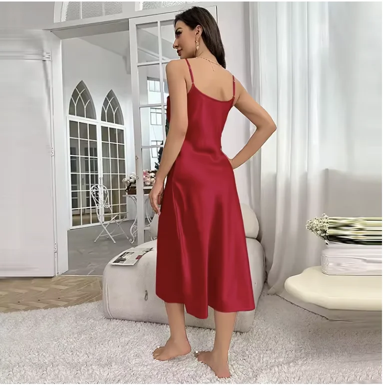 New Sexy Solid Color Long Nightdress Women's Pajamas Ice Silk Sexy Seductive Silk Stain Halter Pajamas Fashion Home Wear thumbnail 3