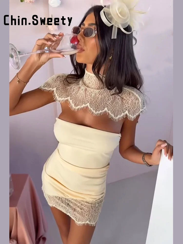 Sexy Women's Shawl Solid Color Short Lace Dress Slim Pleated Sleeveless Backless Party Dresses 2026 Summer Lady Evening Robes