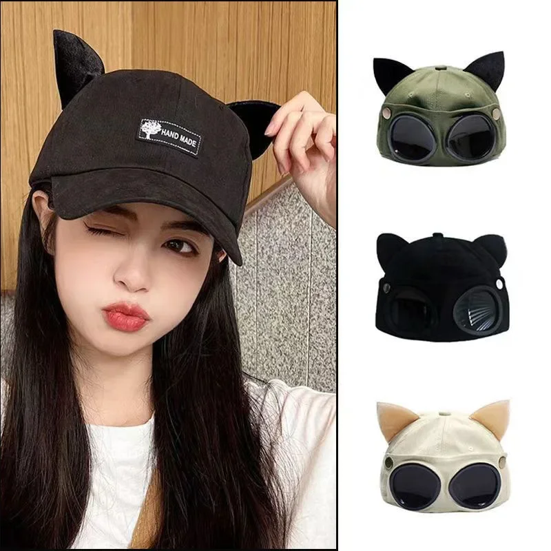 Cute Cat Ear Sunglasses Hat Breathable Sunshade UV Protection Baseball Cap for Couples And Children's Outdoor Activities