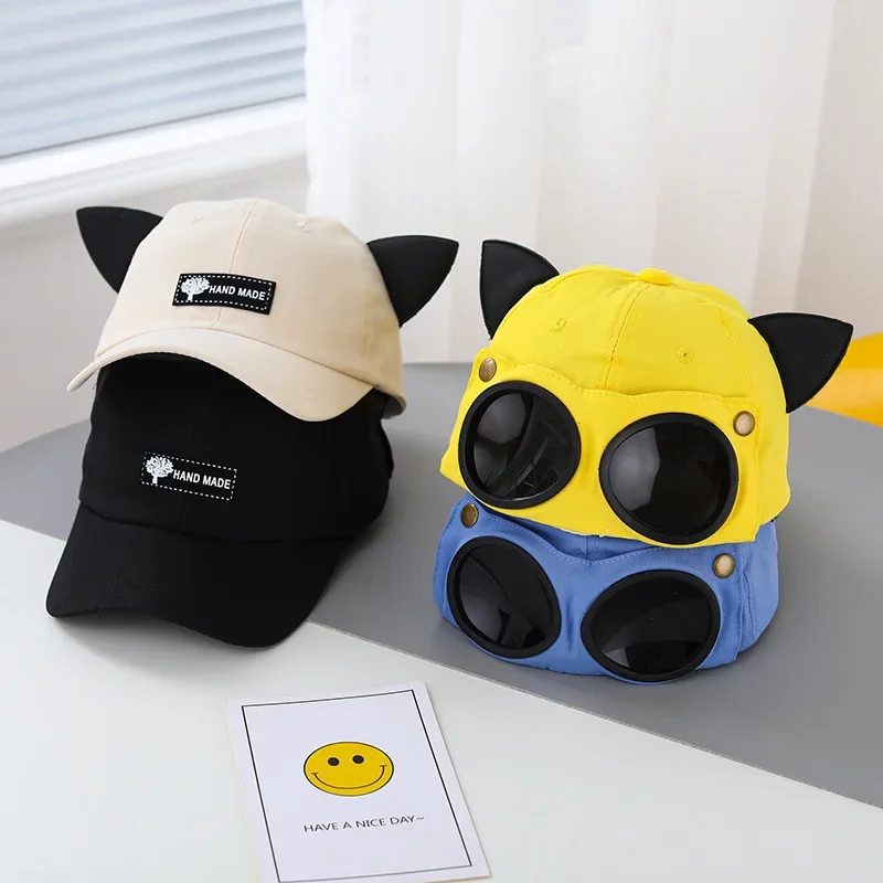 Cute Cat Ear Sunglasses Hat Breathable Sunshade UV Protection Baseball Cap for Couples And Children's Outdoor Activities thumbnail 3