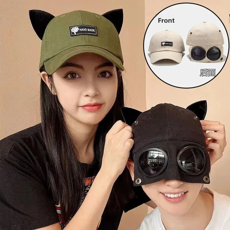 Cute Cat Ear Sunglasses Hat Breathable Sunshade UV Protection Baseball Cap for Couples And Children's Outdoor Activities thumbnail 2