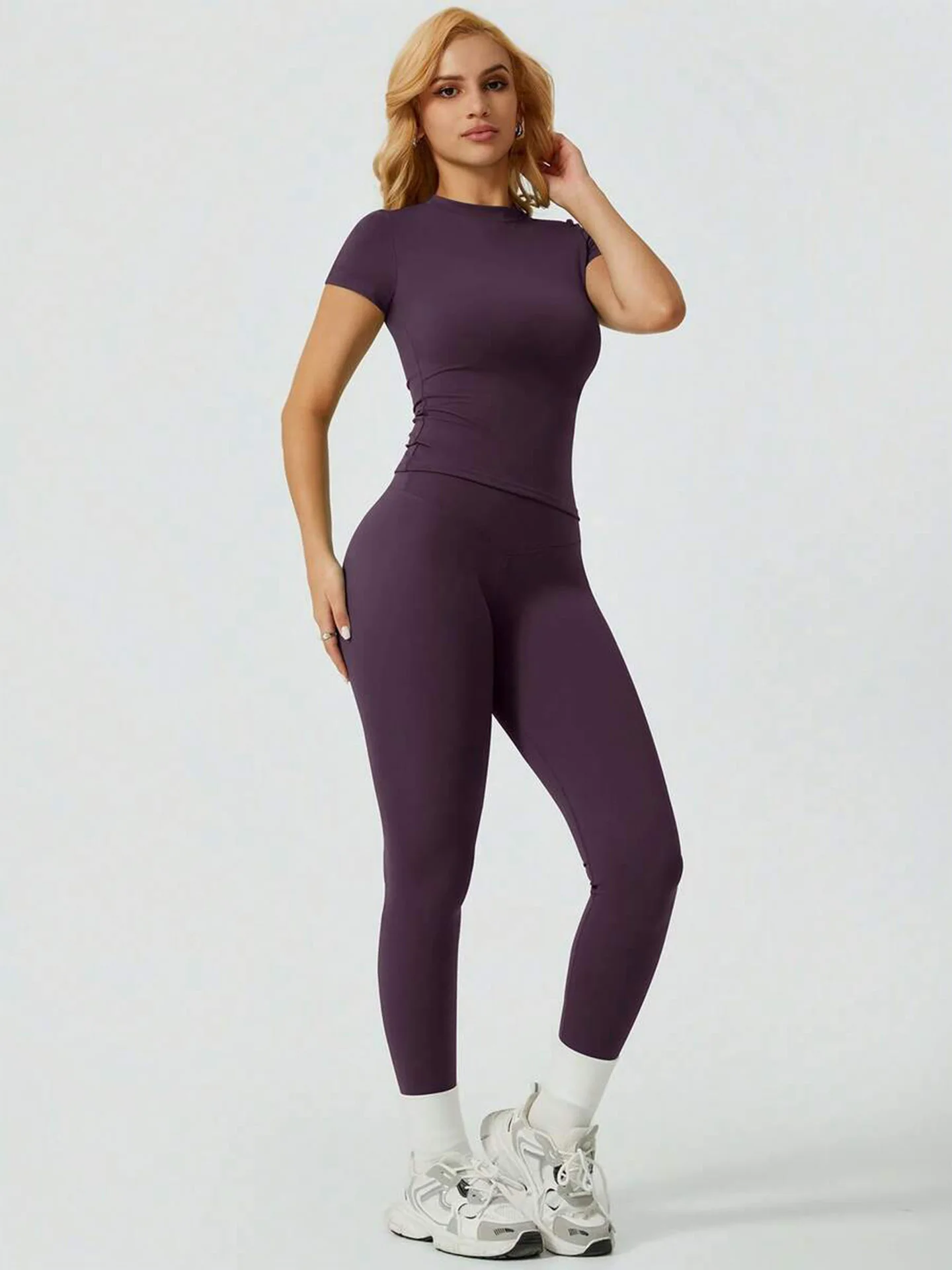 2 Piece Yoga Set Women Short Sleeve Top High Waist Leggings Gym Workout Clothing Tummy Control Fitness Sportswear Activewear Sui thumbnail 2
