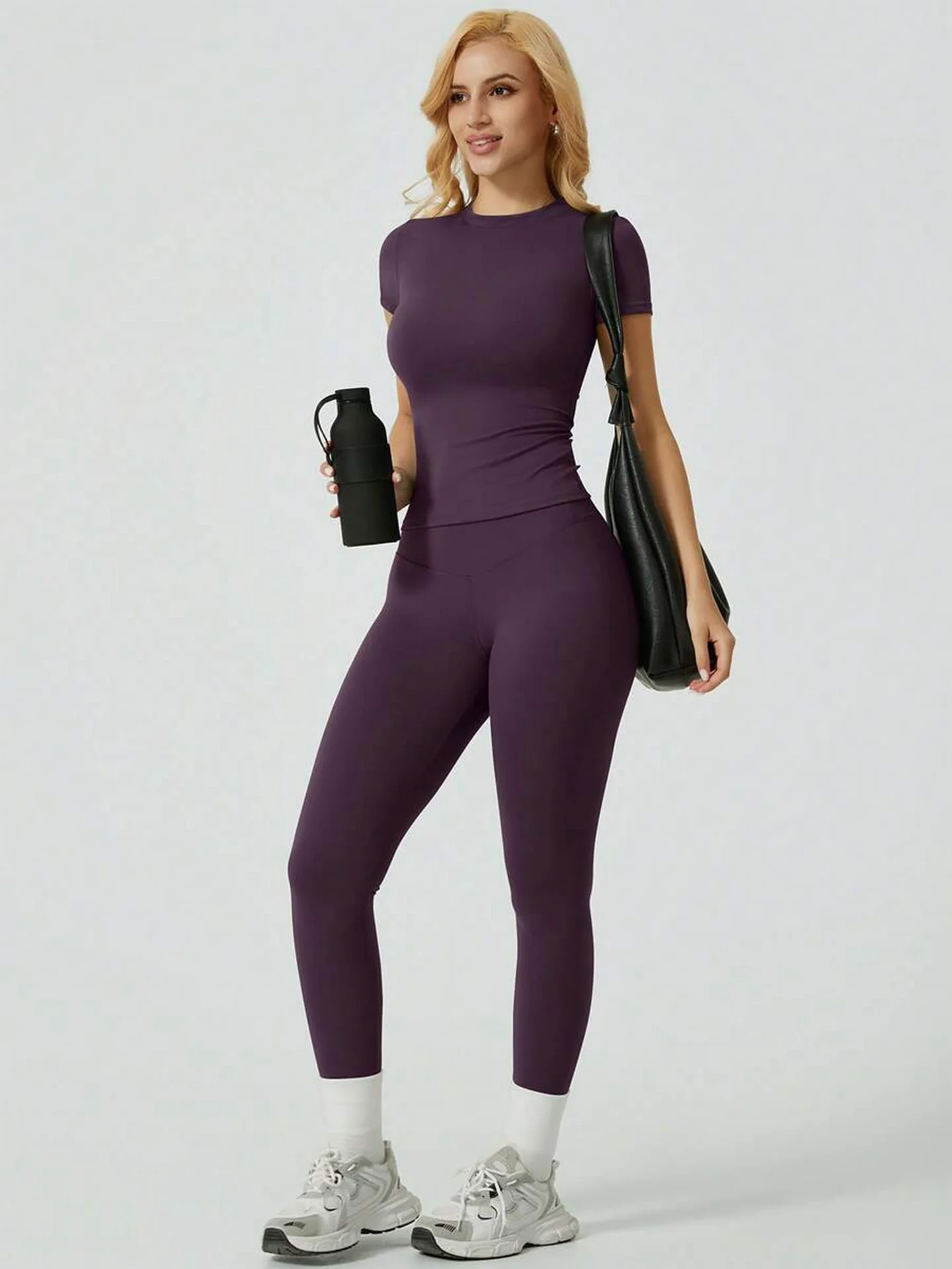 2 Piece Yoga Set Women Short Sleeve Top High Waist Leggings Gym Workout Clothing Tummy Control Fitness Sportswear Activewear Sui