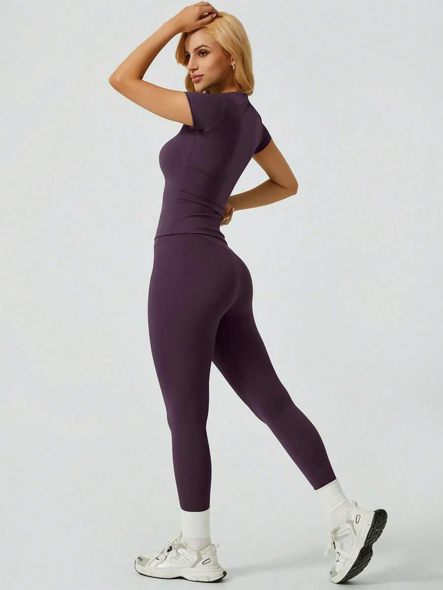 2 Piece Yoga Set Women Short Sleeve Top High Waist Leggings Gym Workout Clothing Tummy Control Fitness Sportswear Activewear Sui thumbnail 3