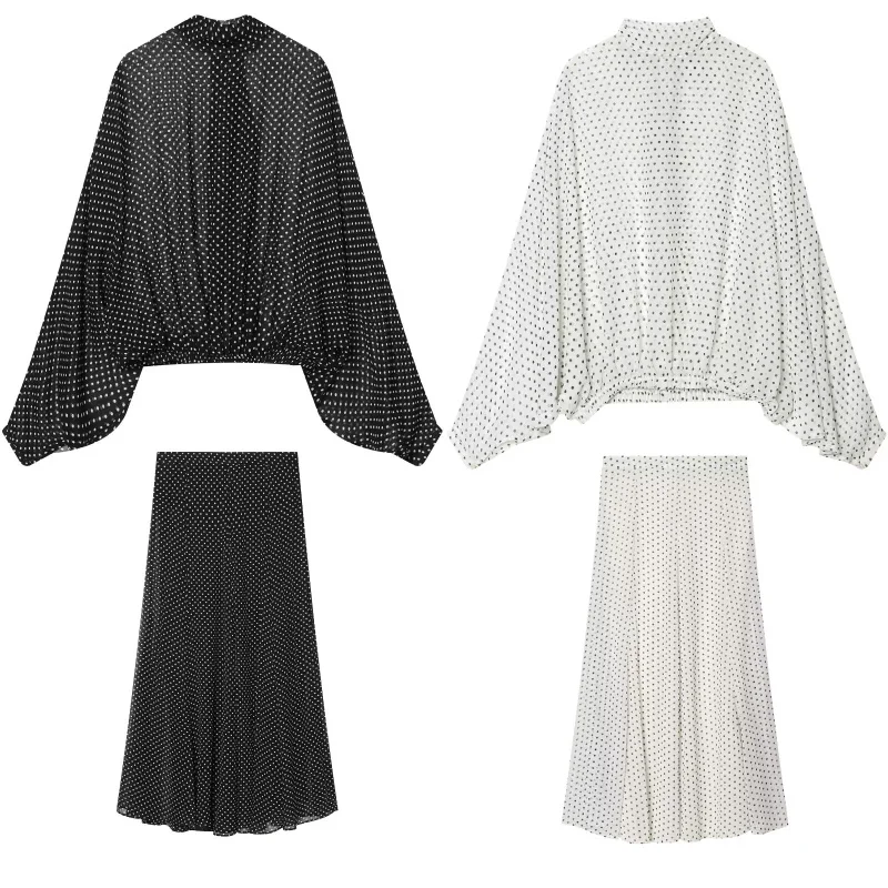 ETJ Women's Polka Dot Blouse Skirt Set 2026 Spring High Neck Batwing Sleeve Sheer Front Tie Bow Midi A-Line Dress Set thumbnail 2
