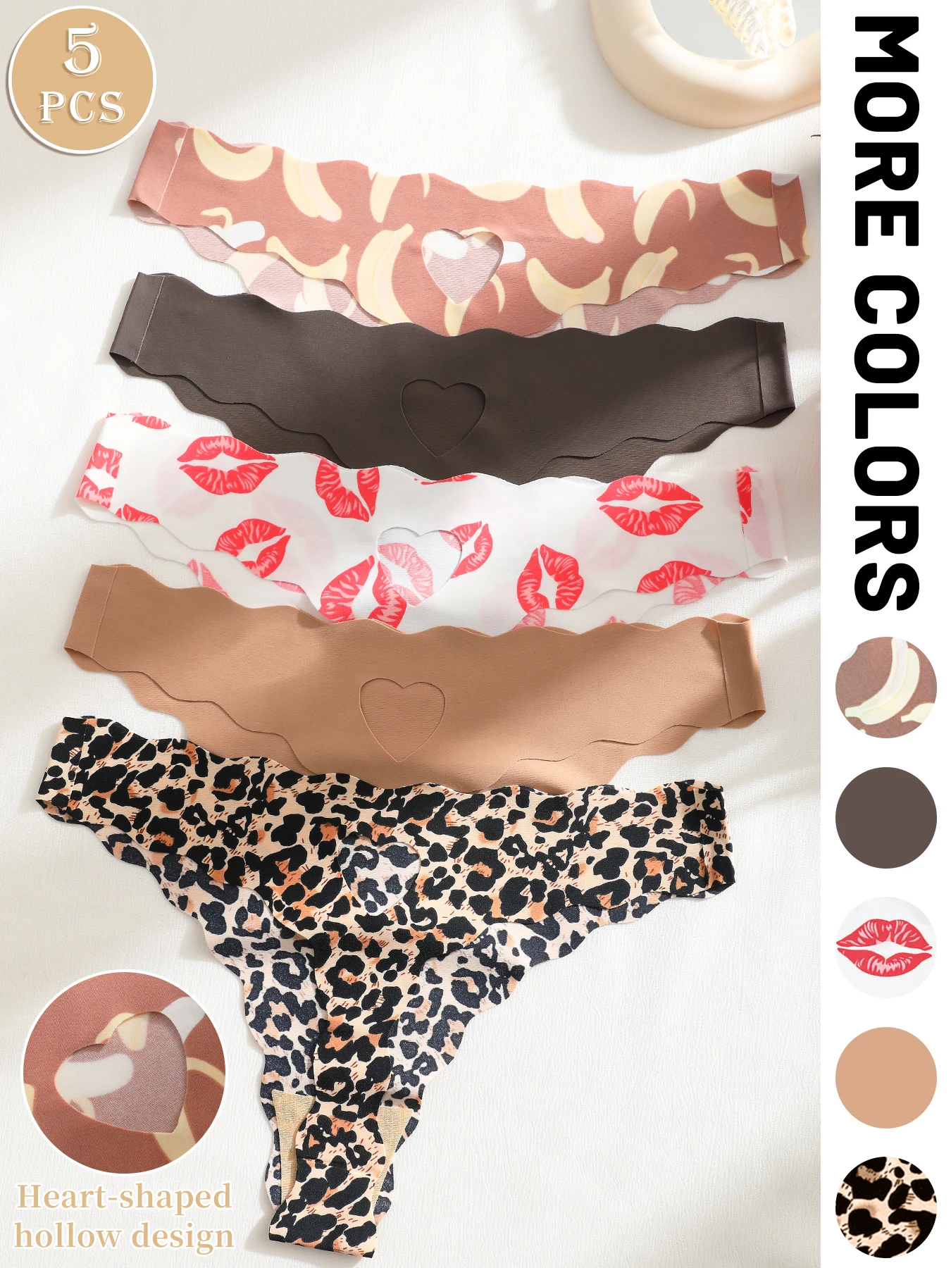5 Pack Women's Seamless Leopard & Lip Print Solid Color Thong Underwear