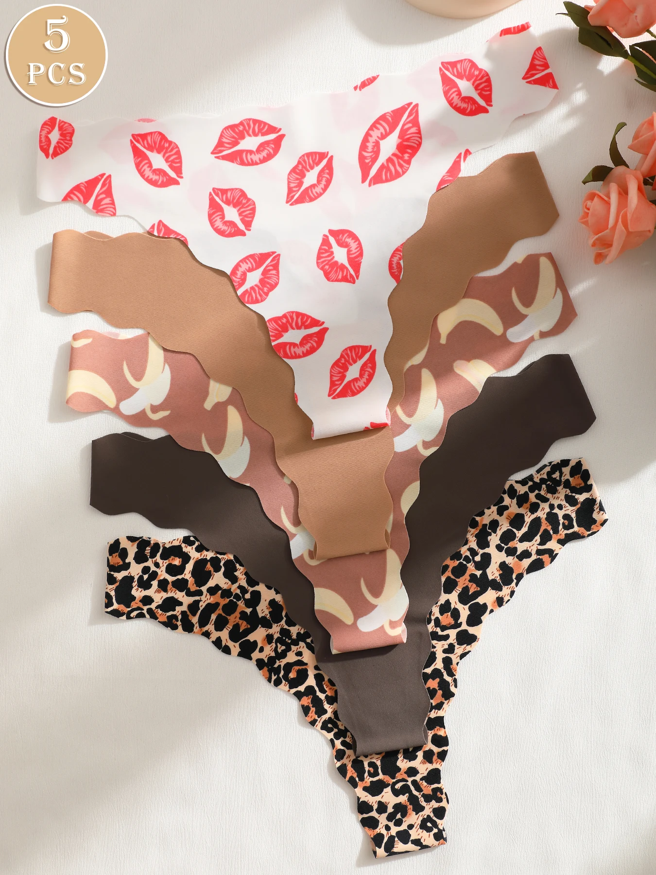 5 Pack Women's Seamless Leopard & Lip Print Solid Color Thong Underwear thumbnail 2