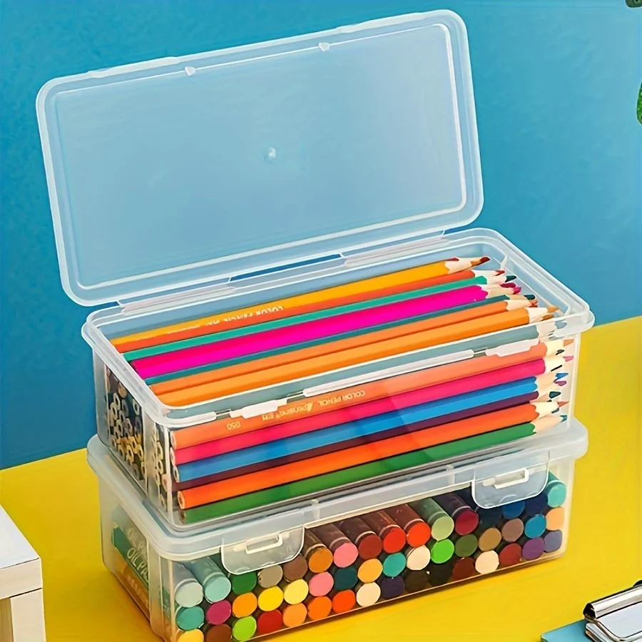4 large transparent PP storage boxes with lids, used for storing office supplies, pencils, and crafts thumbnail 3