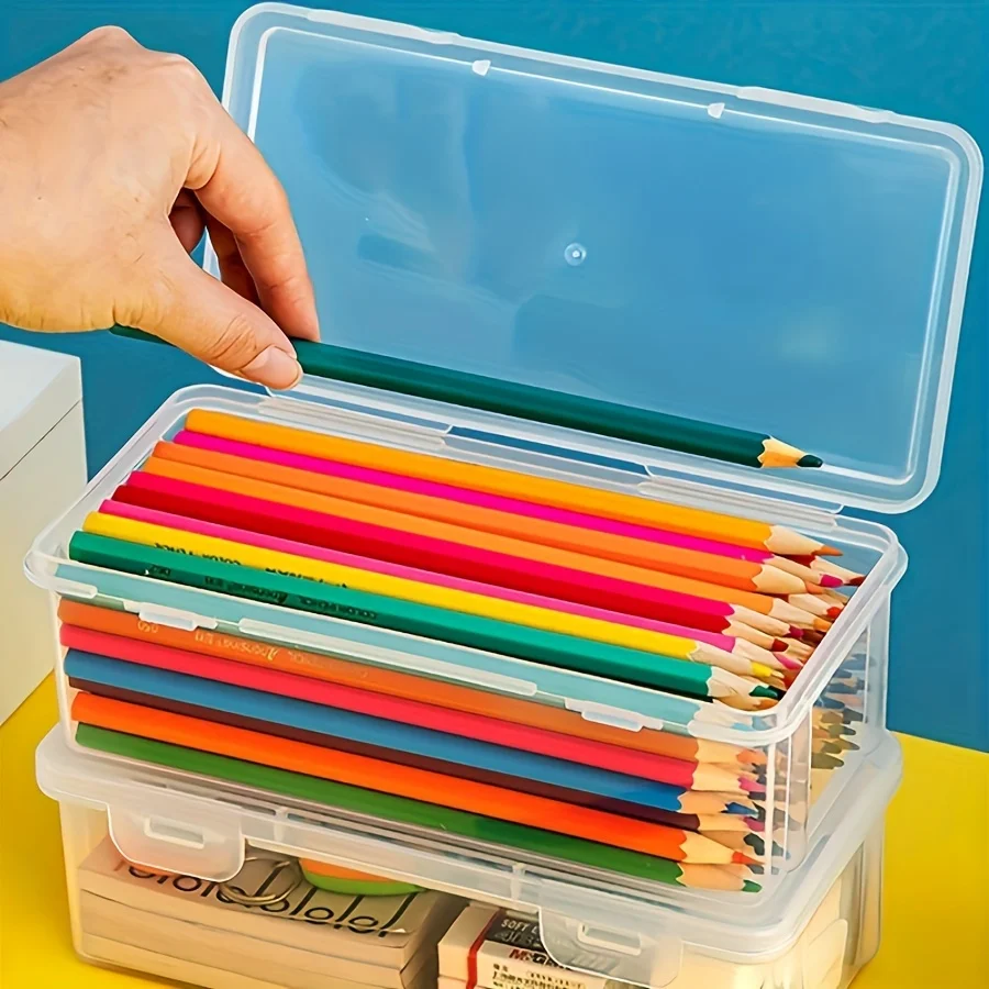 4 large transparent PP storage boxes with lids, used for storing office supplies, pencils, and crafts thumbnail 4