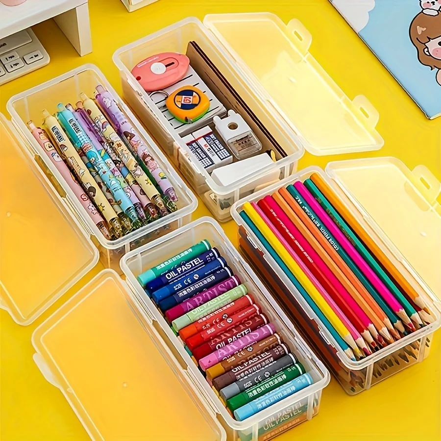 4 large transparent PP storage boxes with lids, used for storing office supplies, pencils, and crafts thumbnail 5