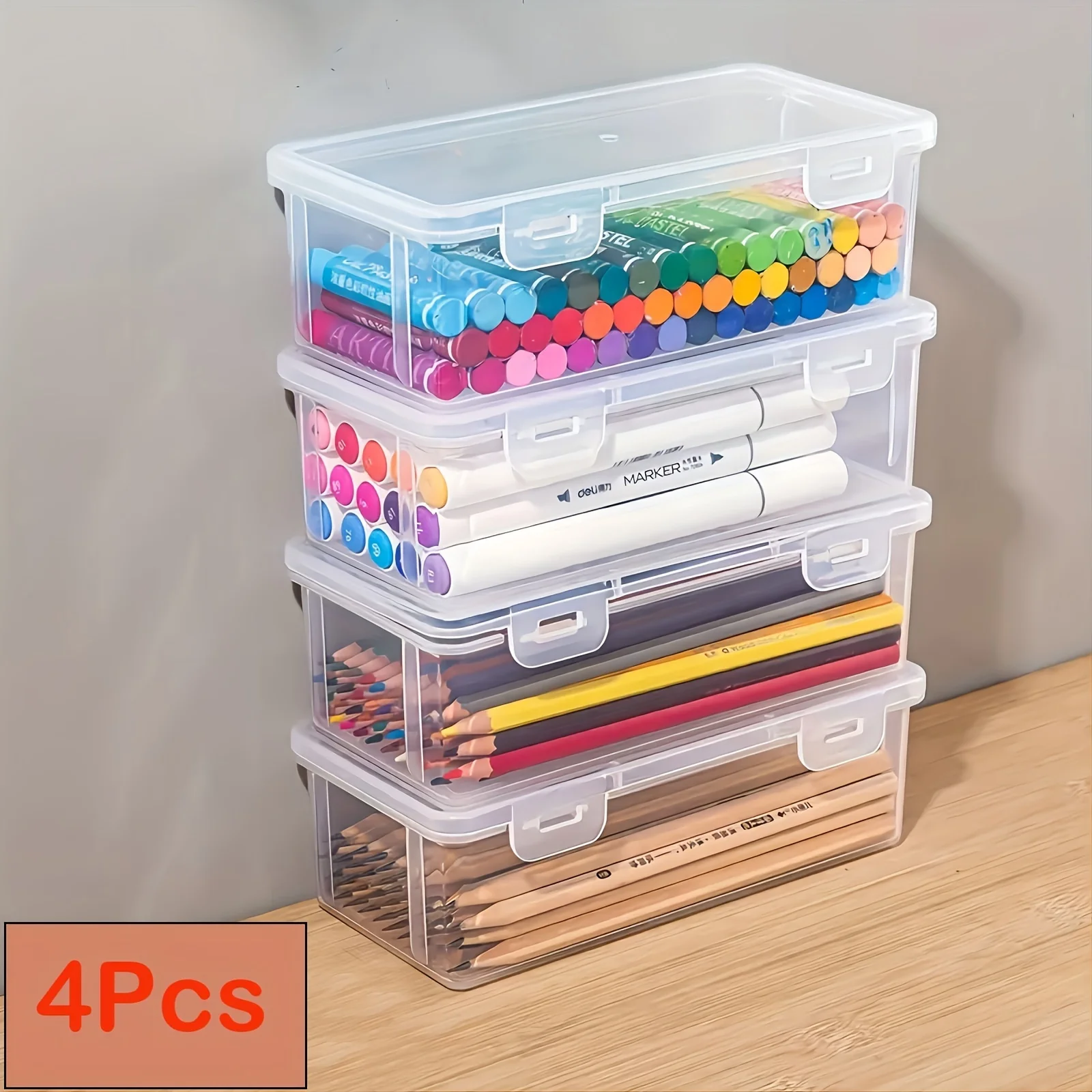 4 large transparent PP storage boxes with lids, used for storing office supplies, pencils, and crafts thumbnail 2