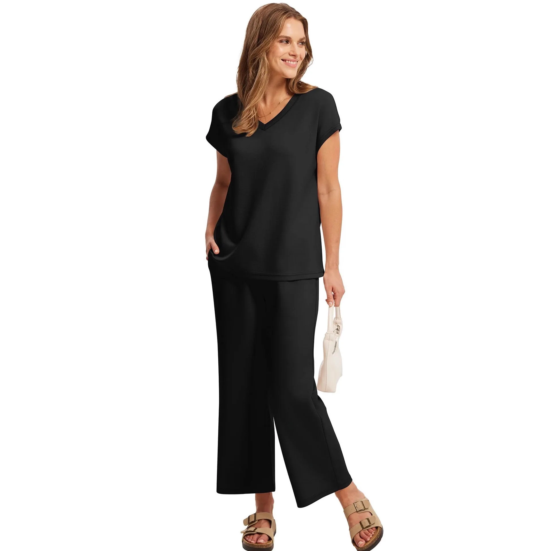 2 pieces women casual sets 2026 Loose bat sleeve V-neck sleeveless vest top solid color pants two pieces sets women's clothing thumbnail 5