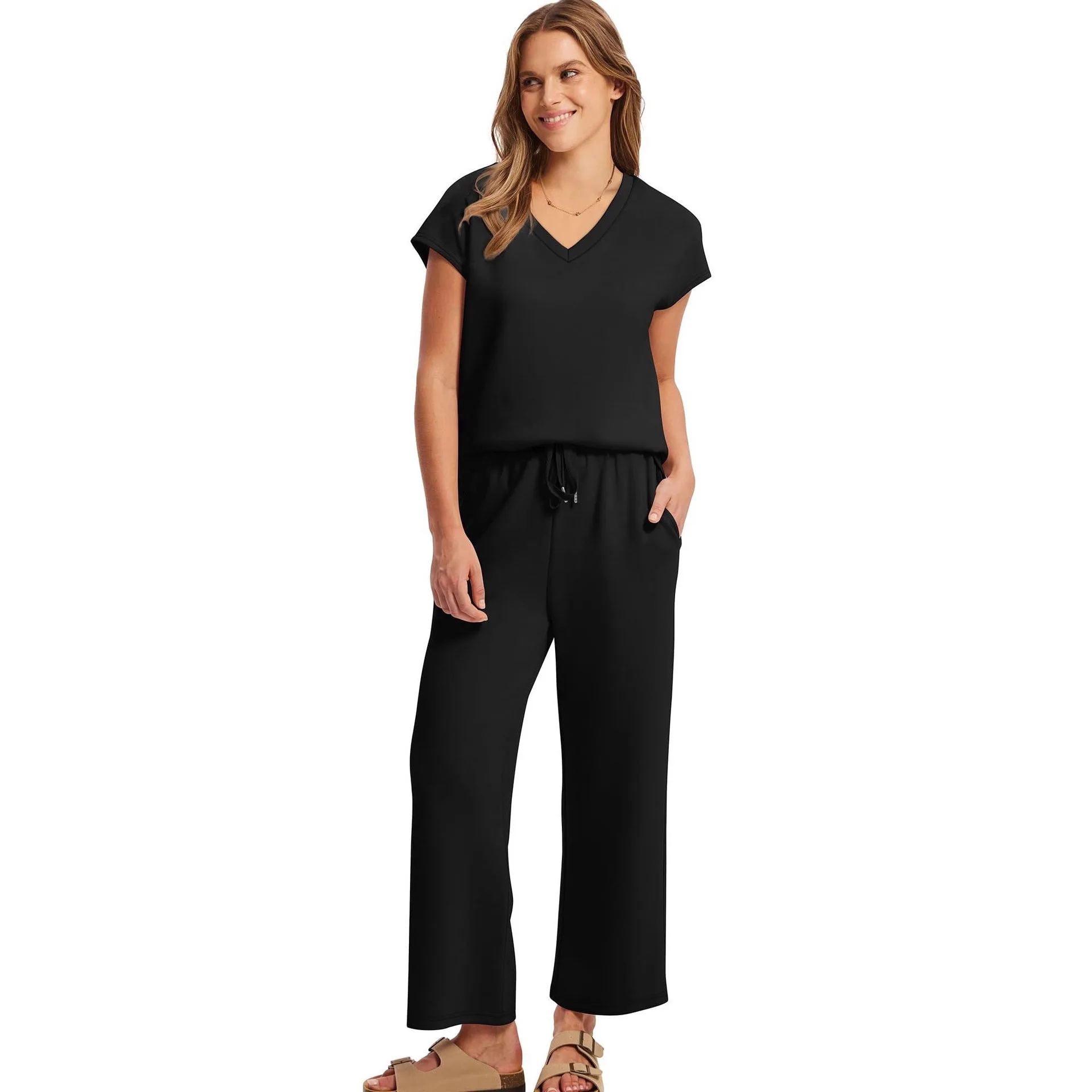 2 pieces women casual sets 2026 Loose bat sleeve V-neck sleeveless vest top solid color pants two pieces sets women's clothing thumbnail 4