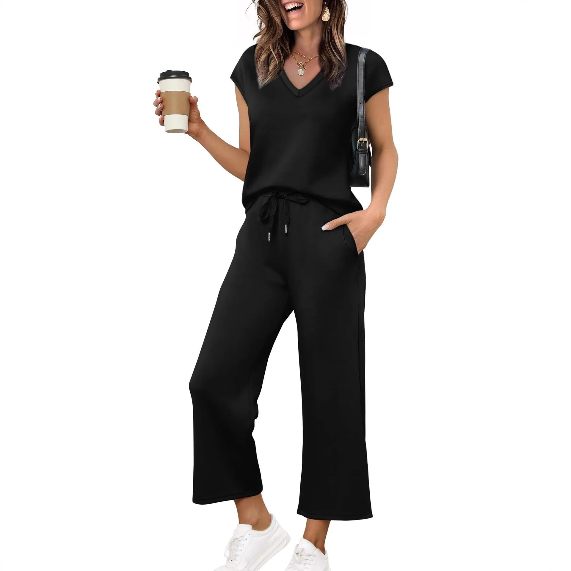 2 pieces women casual sets 2026 Loose bat sleeve V-neck sleeveless vest top solid color pants two pieces sets women's clothing