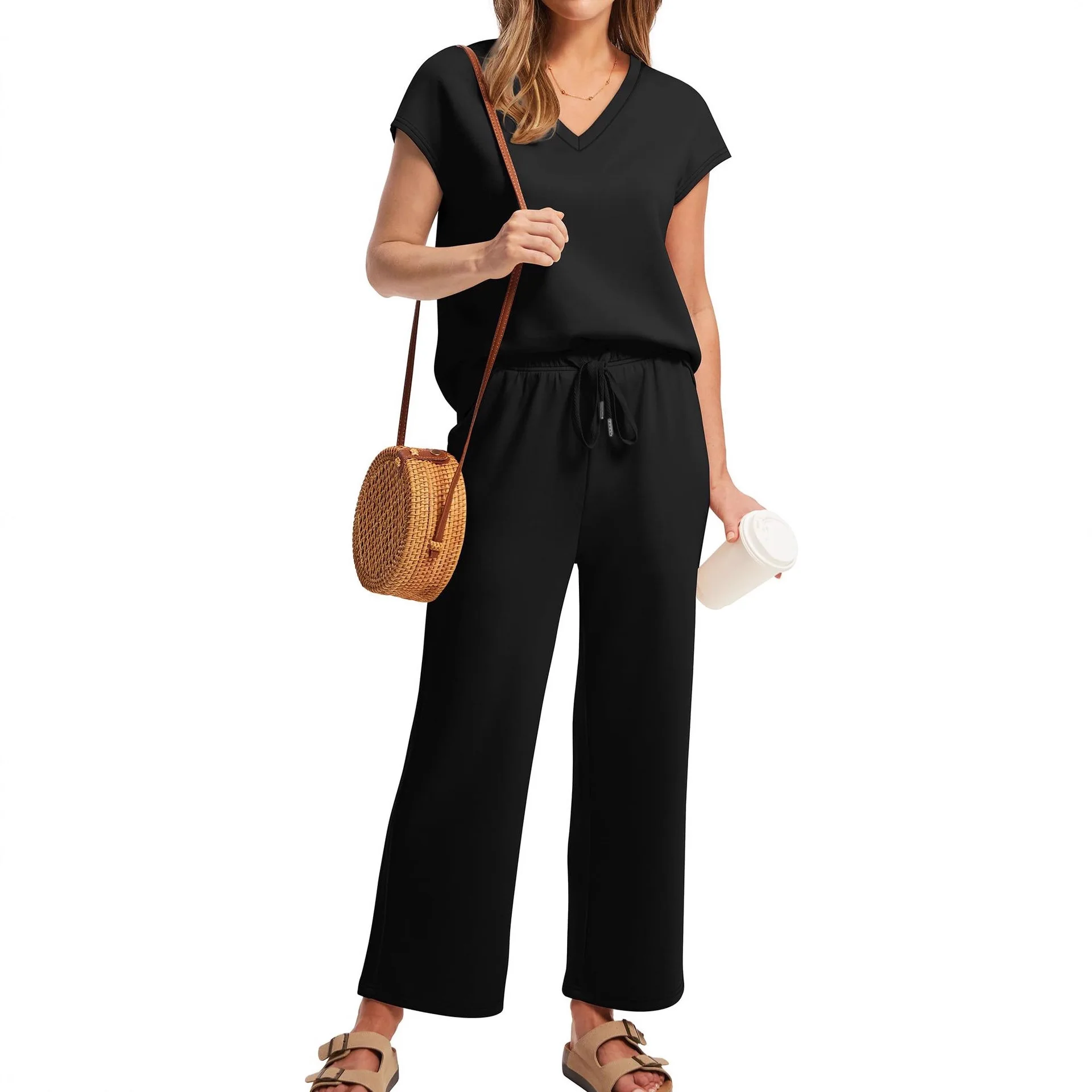 2 pieces women casual sets 2026 Loose bat sleeve V-neck sleeveless vest top solid color pants two pieces sets women's clothing thumbnail 3