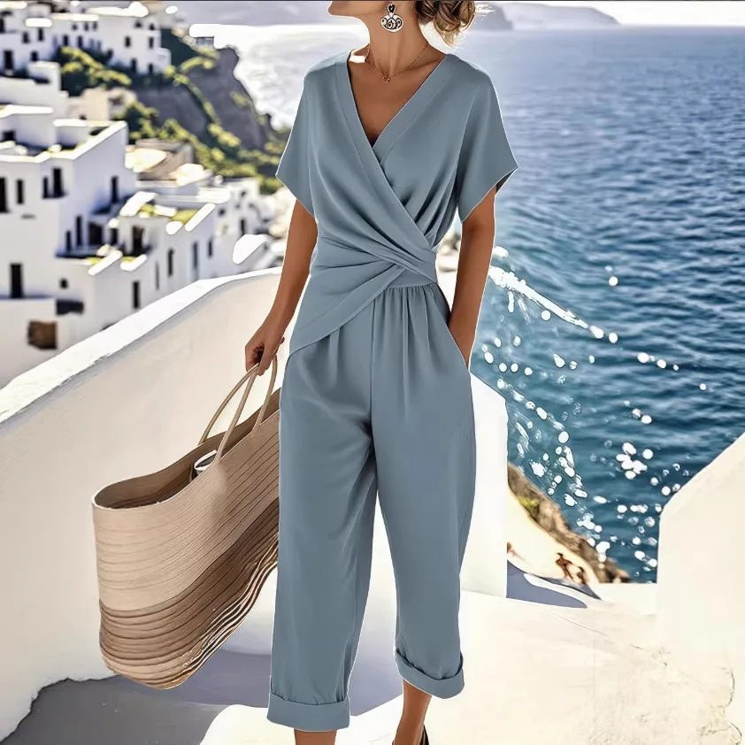 2 pieces women sets 2026 summer new fashion solid color irregular short-sleeved top+solid pant sets women's clothing