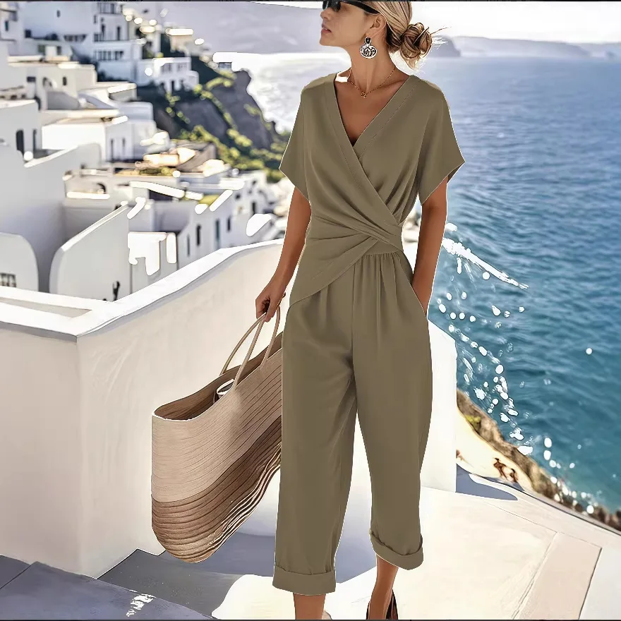 2 pieces women sets 2026 summer new fashion solid color irregular short-sleeved top+solid pant sets women's clothing thumbnail 3