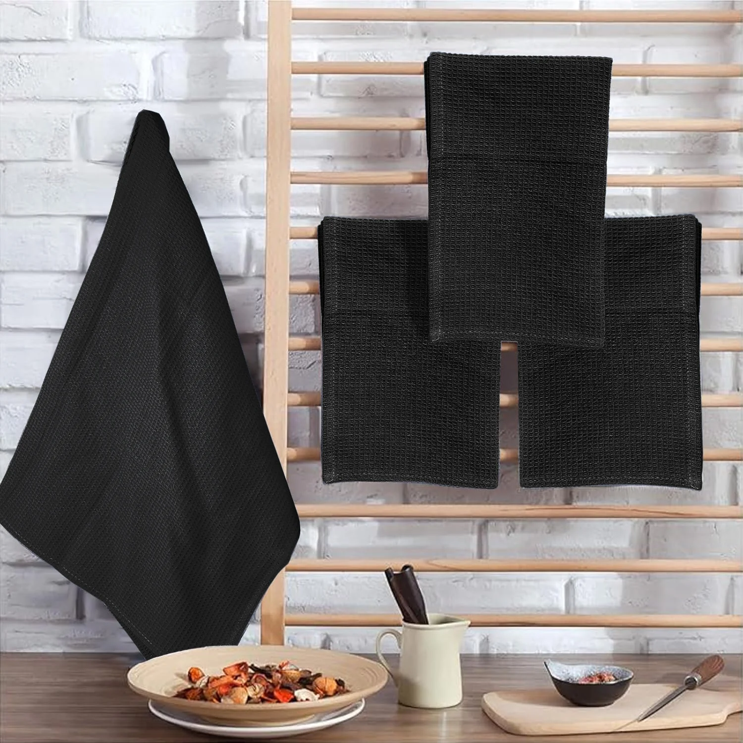 4Pcs, 40Cm×60Cm, 100% Polyester Black Waffle Kitchen Towels, Super Soft and Highly Absorbent Dishcloths, Cleaning Cloths, Kitchen Decor, Living Room Decorations, Kitchen Essentials, Home Essentials. thumbnail 3