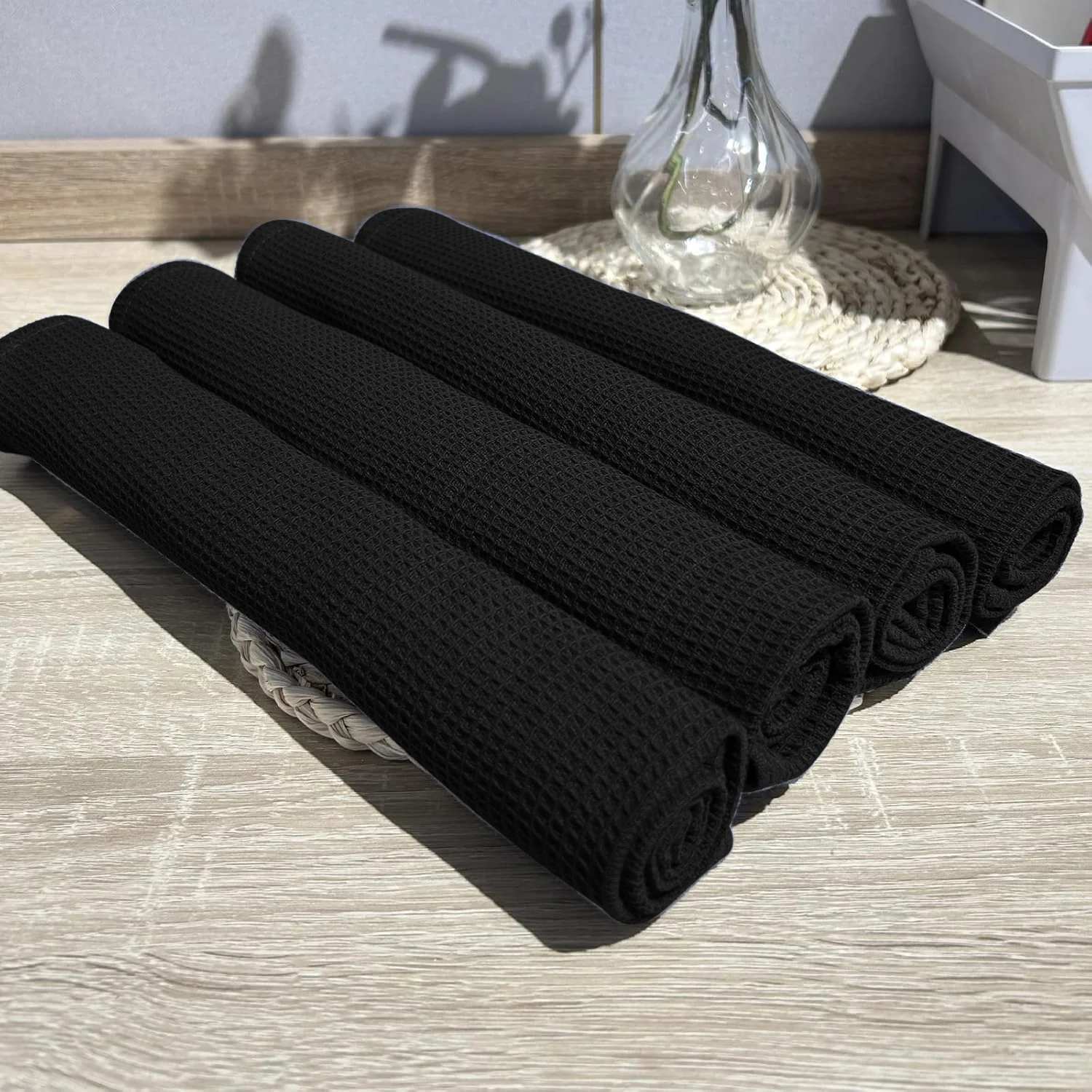 4Pcs, 40Cm×60Cm, 100% Polyester Black Waffle Kitchen Towels, Super Soft and Highly Absorbent Dishcloths, Cleaning Cloths, Kitchen Decor, Living Room Decorations, Kitchen Essentials, Home Essentials. thumbnail 2