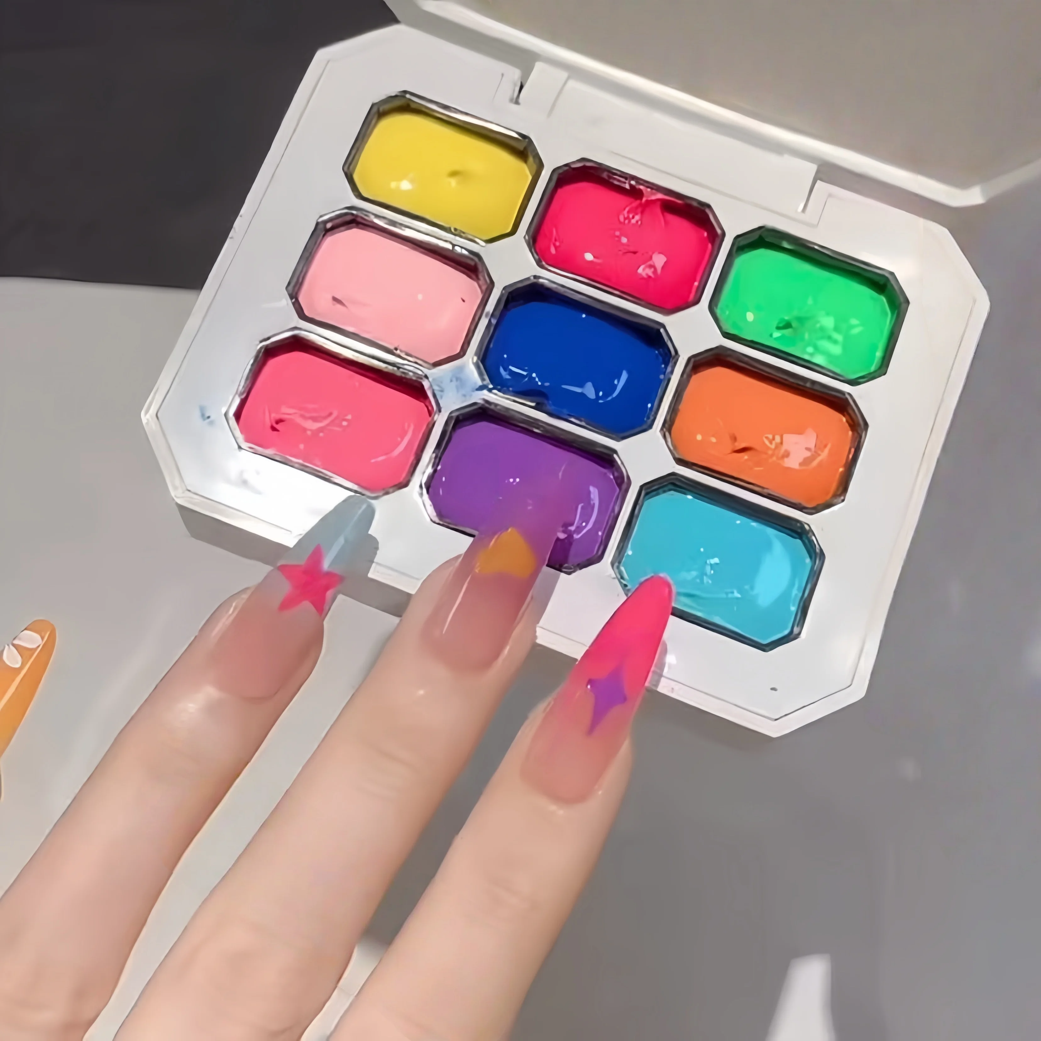 9 color fluorescent nail pat gel ,rainbow bright colors high saturation UV&LED nail polish adhesive salon DIY Y2K，summer popular thumbnail 2
