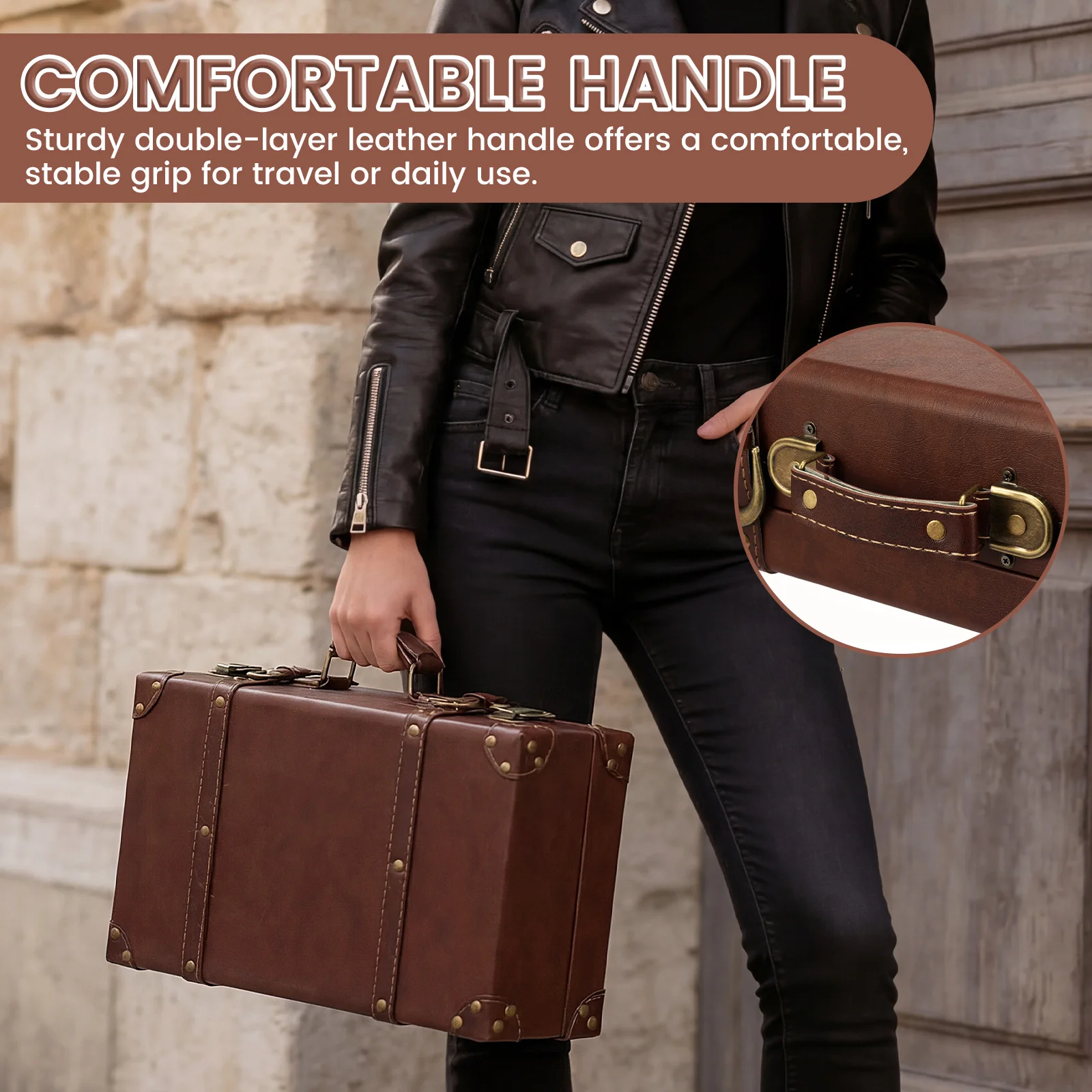 Vintage Leather Suitcase Luggage Clothing Organizer Portable Trunk Handbag Wooden Antique Ornament Carrying Prop Storage Box thumbnail 5