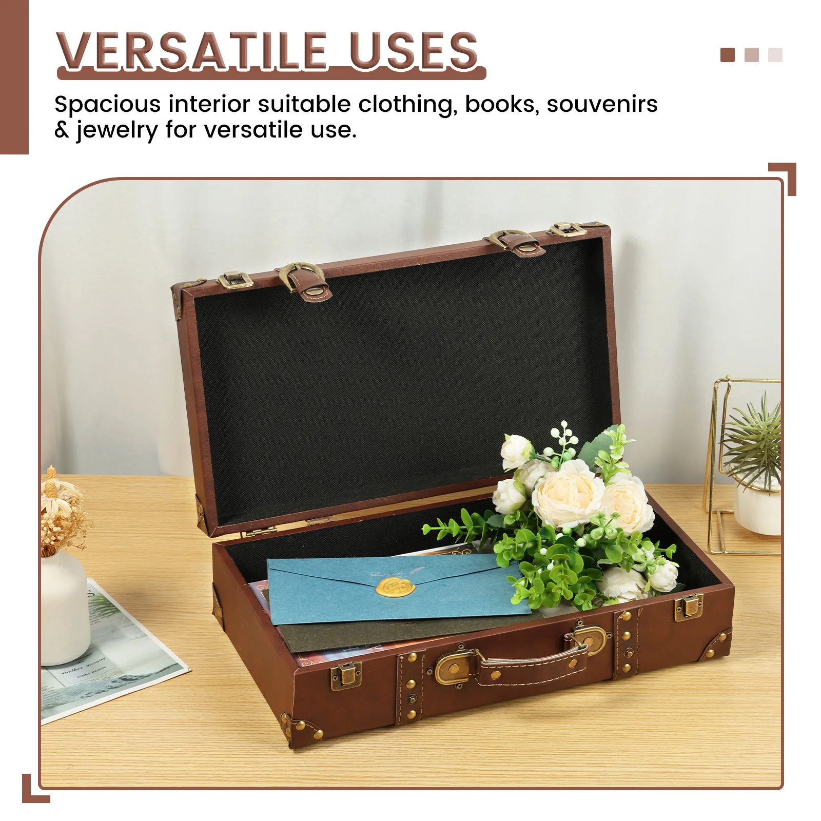 Vintage Leather Suitcase Luggage Clothing Organizer Portable Trunk Handbag Wooden Antique Ornament Carrying Prop Storage Box thumbnail 2