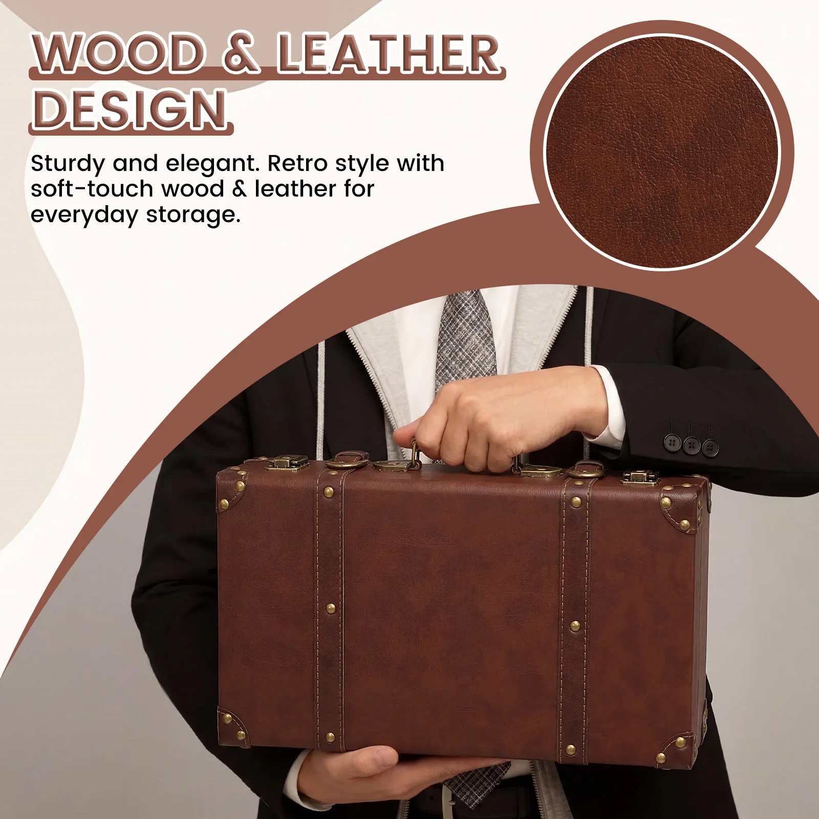 Vintage Leather Suitcase Luggage Clothing Organizer Portable Trunk Handbag Wooden Antique Ornament Carrying Prop Storage Box thumbnail 3