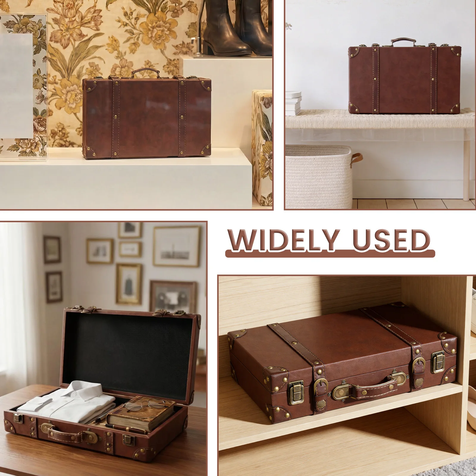 Vintage Leather Suitcase Luggage Clothing Organizer Portable Trunk Handbag Wooden Antique Ornament Carrying Prop Storage Box thumbnail 6
