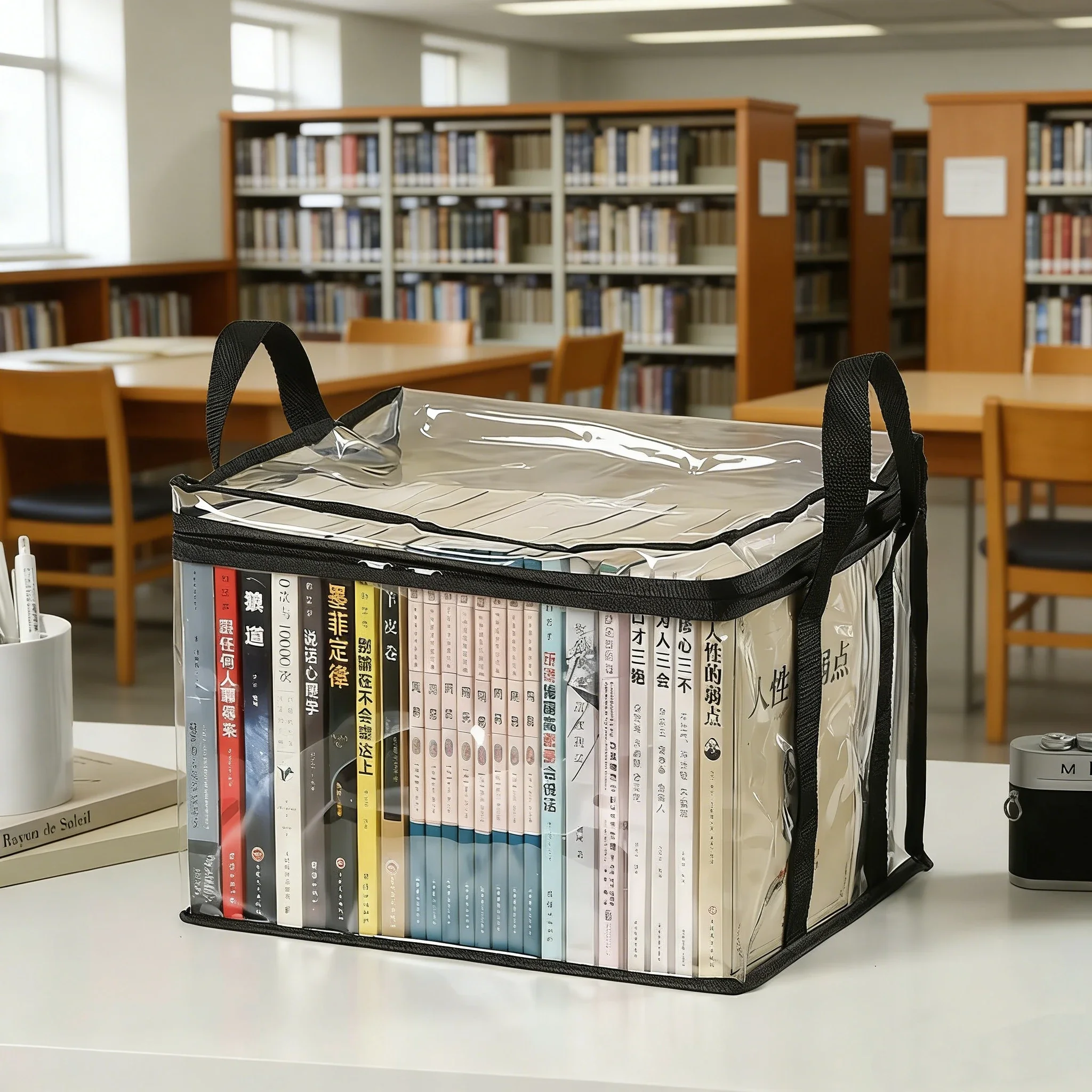 High Quality Transparent Clear PVC Book Storage Bag Dustproof Foldable Organizer with Handles for Books And Magazines thumbnail 3