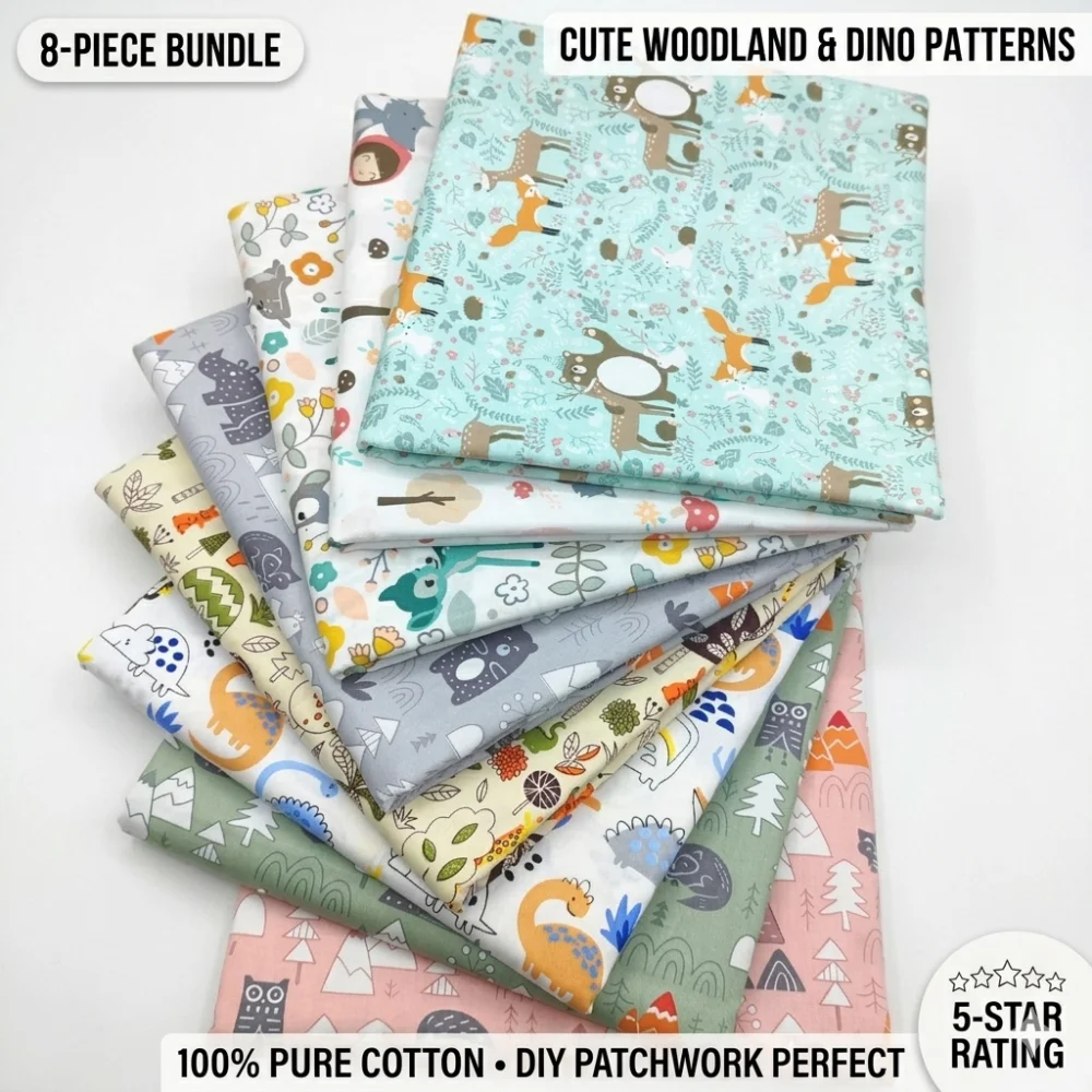 8Pcs Cute Cartoon Animal Cotton Fabric 100% Cotton Material Perfect for Patchwork Quilting & DIY Handmade Sewing Projects