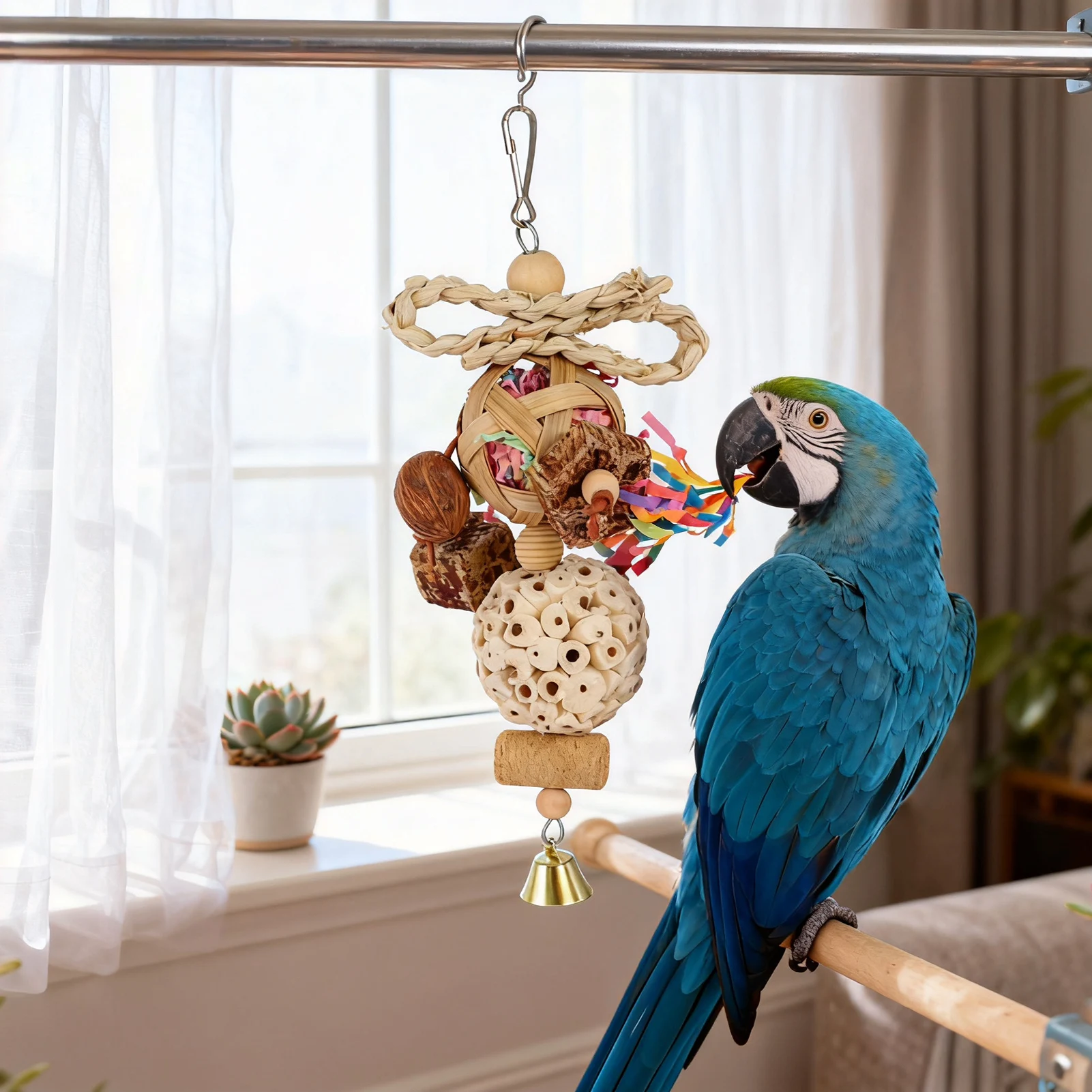 Parrot Chew Toy with Hook Colorful Wooden Beads Ropes Natural Blocks Tearing Toys for Birds Cage Hanging Decorations