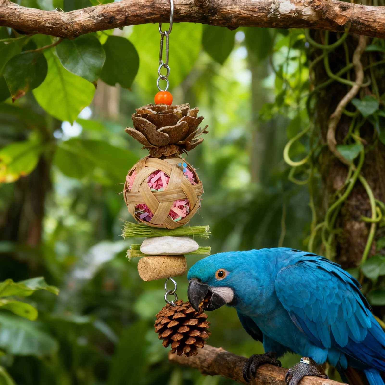 Parrot Chew Toy with Hook Colorful Wooden Beads Ropes Natural Blocks Tearing Toys for Birds Cage Hanging Decorations thumbnail 5