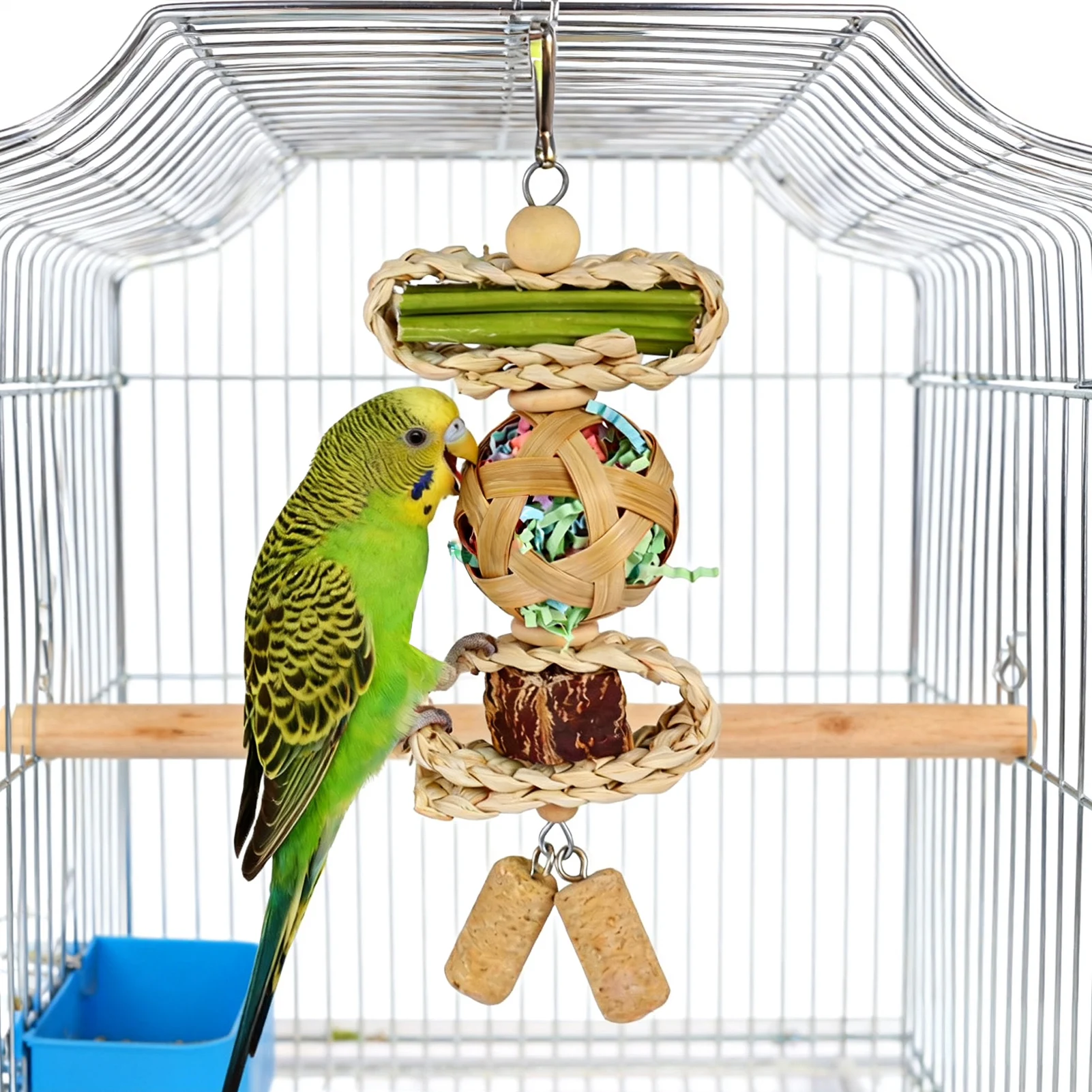 Parrot Chew Toy with Hook Colorful Wooden Beads Ropes Natural Blocks Tearing Toys for Birds Cage Hanging Decorations thumbnail 2