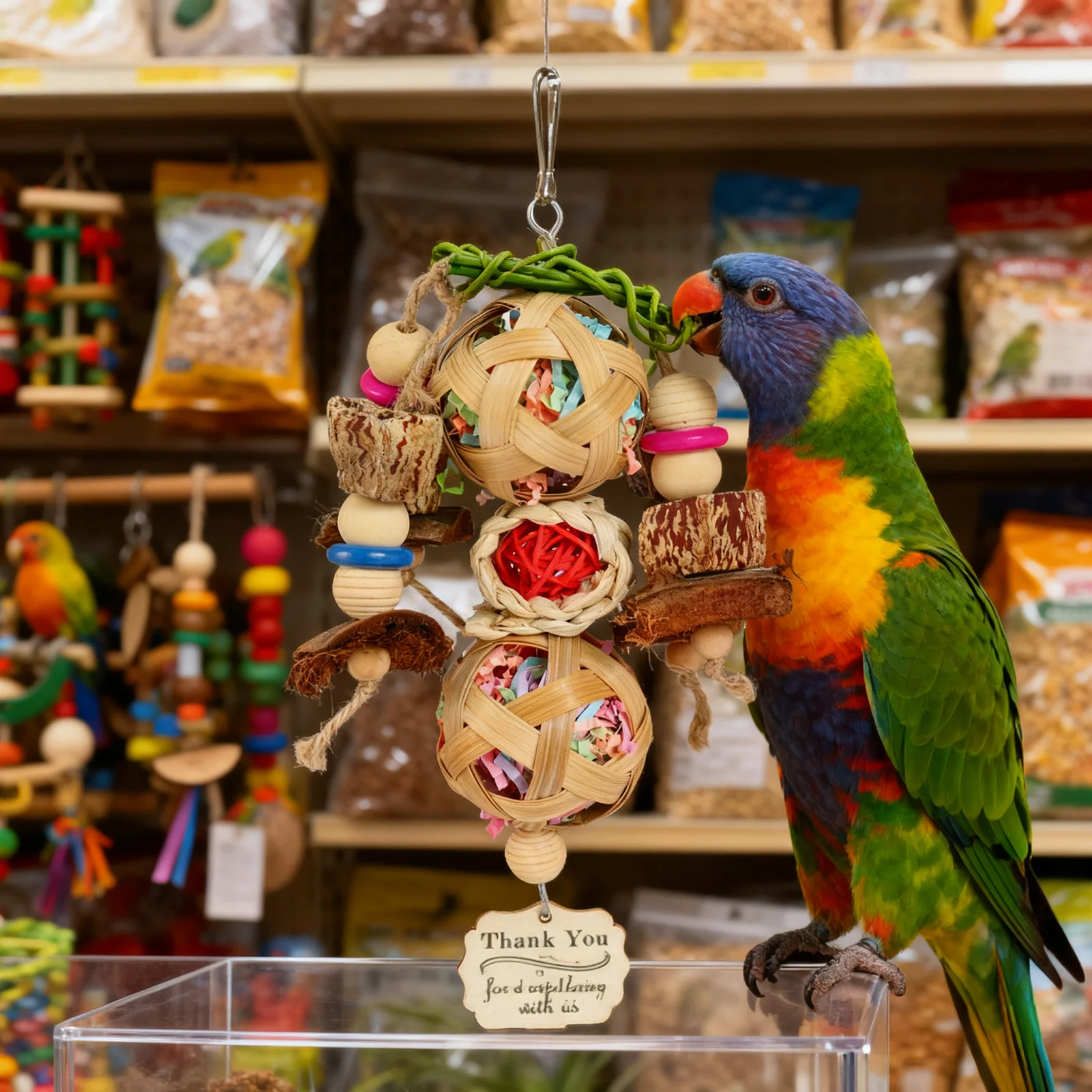 Parrot Chew Toy with Hook Colorful Wooden Beads Ropes Natural Blocks Tearing Toys for Birds Cage Hanging Decorations thumbnail 3