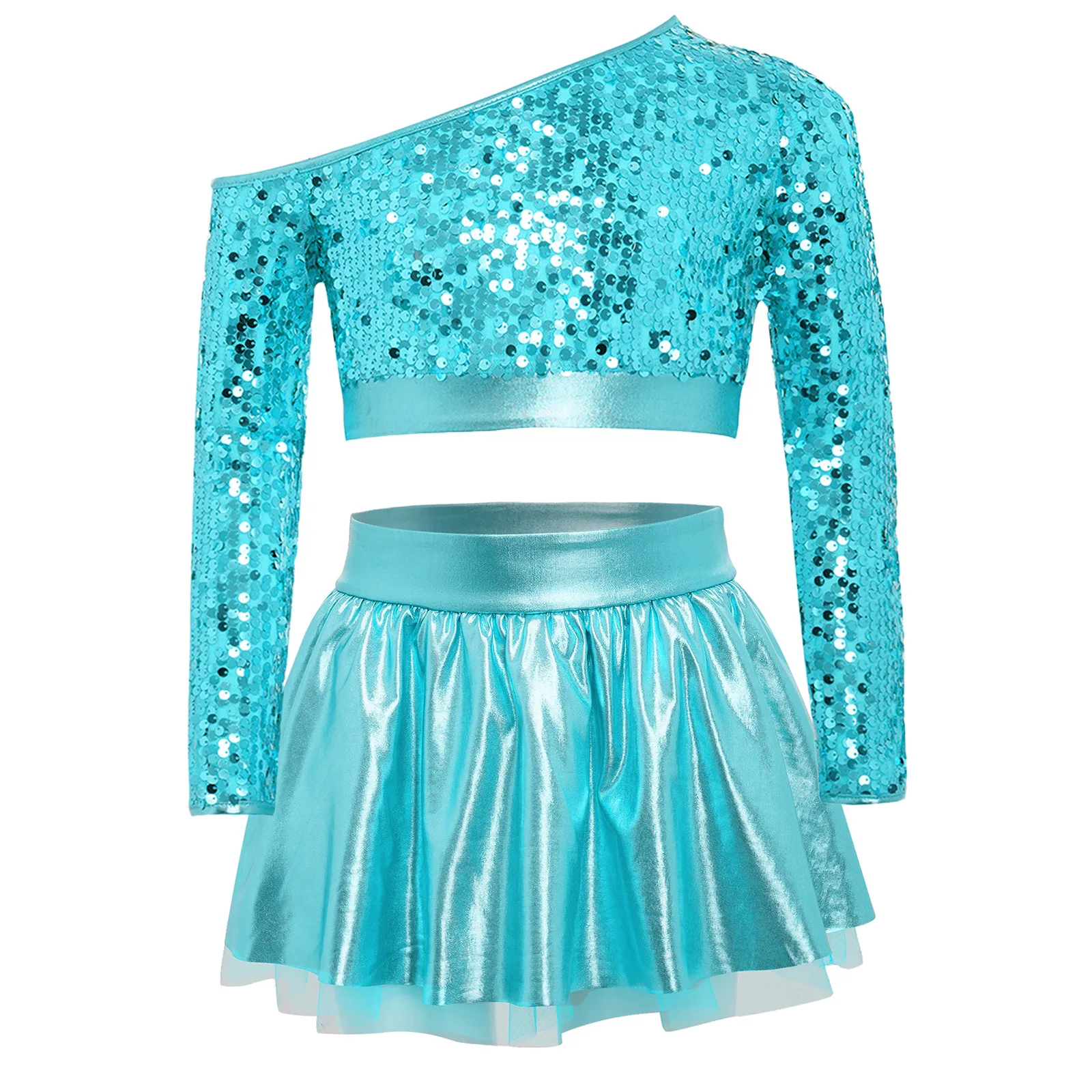 Kids Girls Jazz Hip Hop Dance Costume One Shoulder Long Sleeve Sequins Top with Elastic Waistband Metallic Tutu Skirt Streetwear thumbnail 3