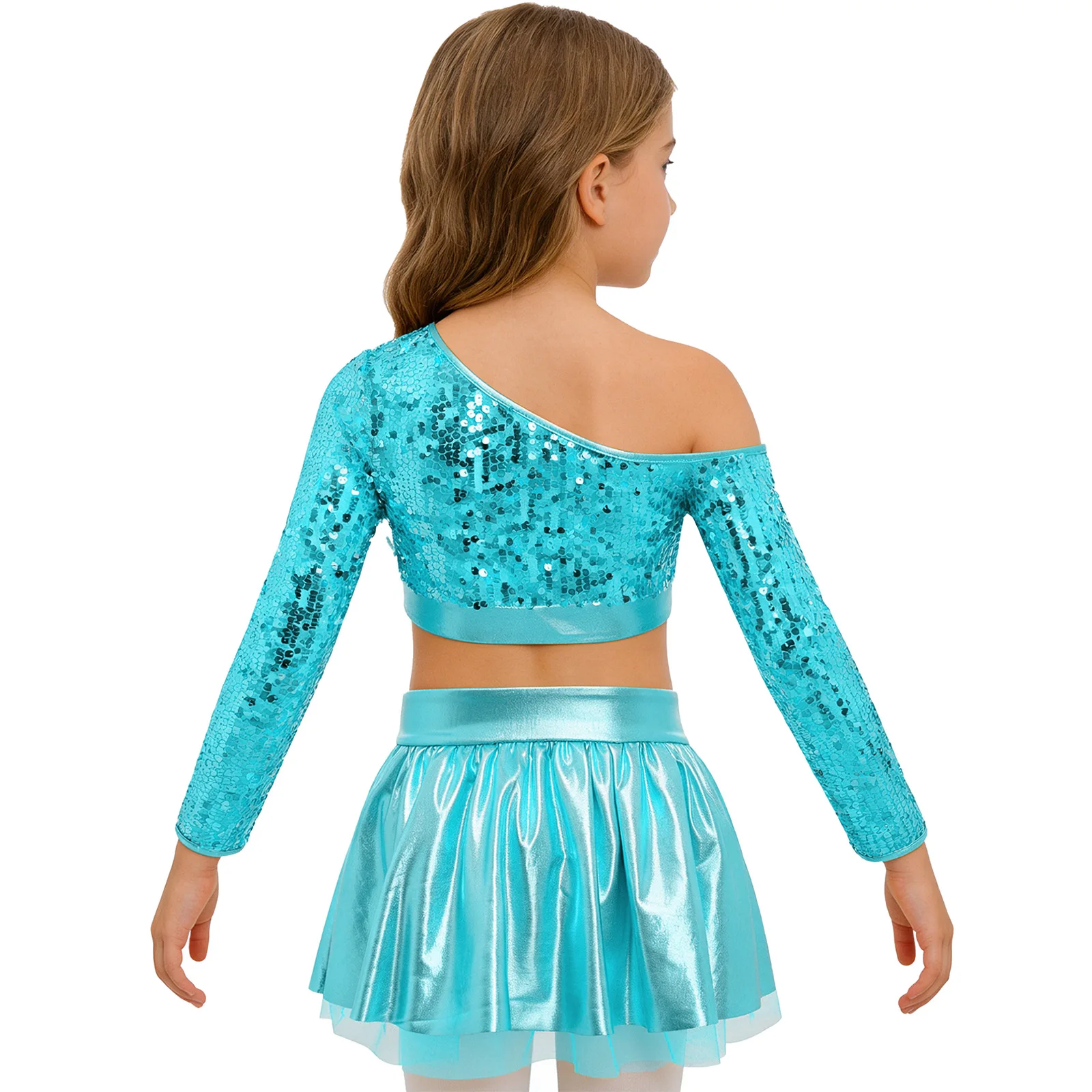 Kids Girls Jazz Hip Hop Dance Costume One Shoulder Long Sleeve Sequins Top with Elastic Waistband Metallic Tutu Skirt Streetwear thumbnail 2