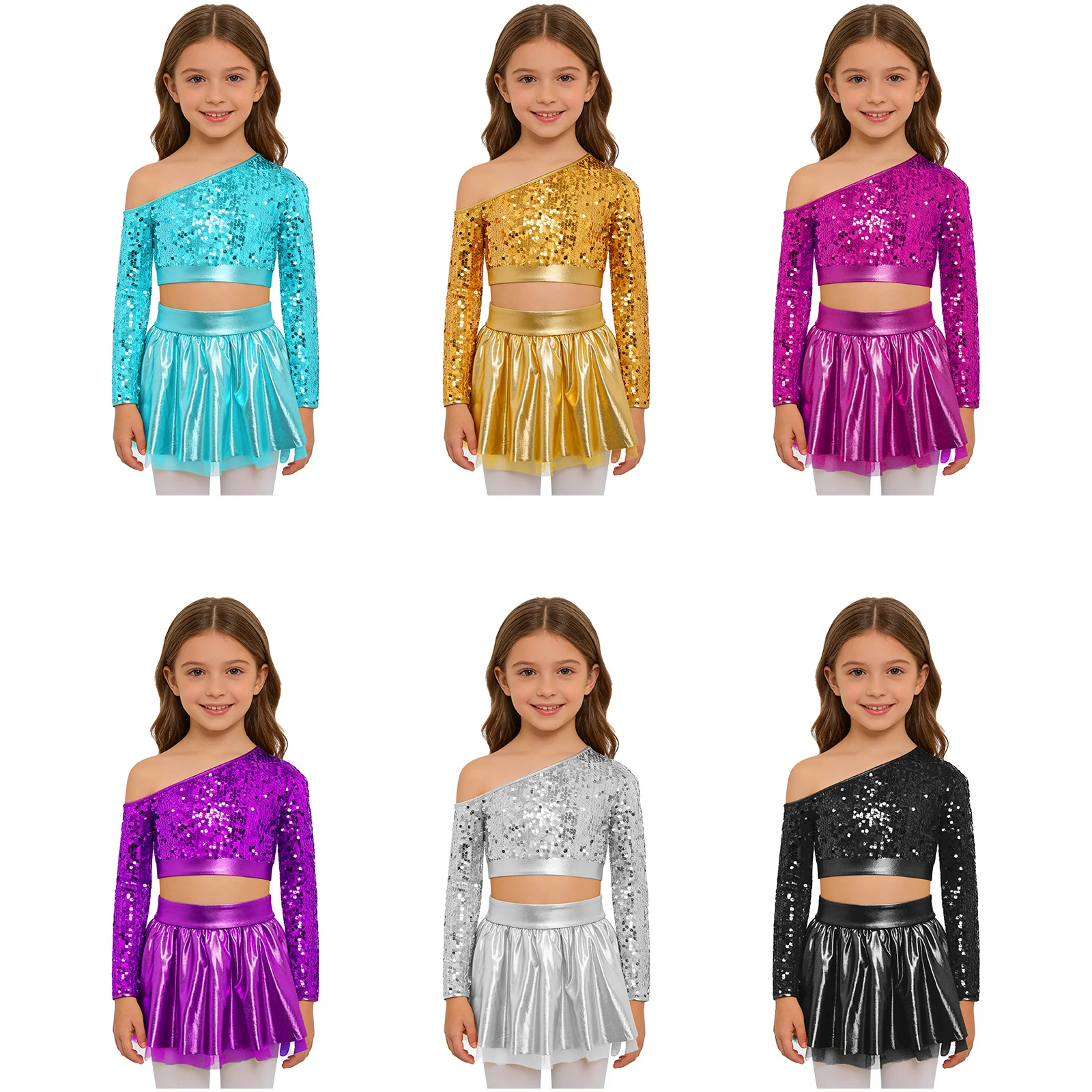 Kids Girls Jazz Hip Hop Dance Costume One Shoulder Long Sleeve Sequins Top with Elastic Waistband Metallic Tutu Skirt Streetwear thumbnail 5