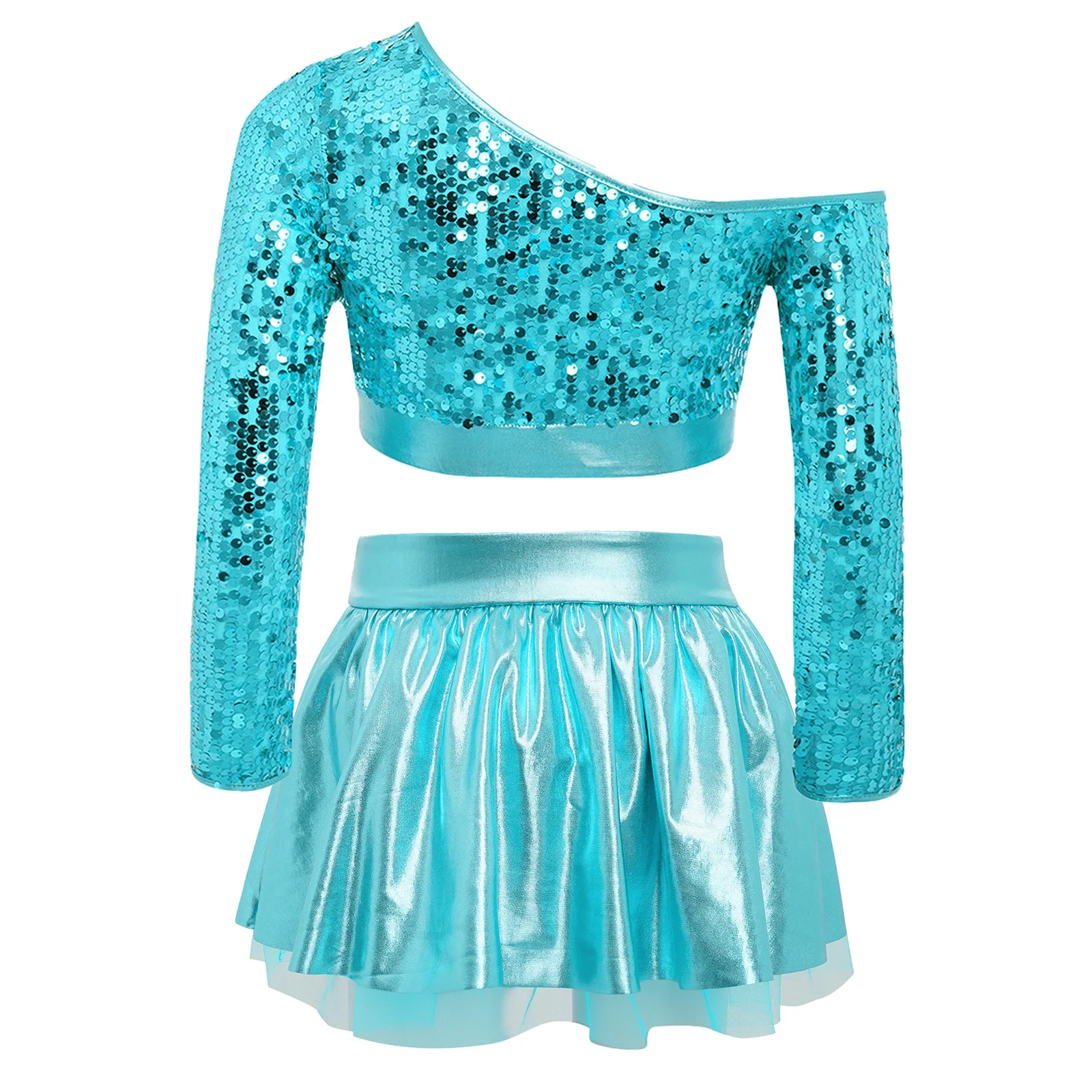 Kids Girls Jazz Hip Hop Dance Costume One Shoulder Long Sleeve Sequins Top with Elastic Waistband Metallic Tutu Skirt Streetwear thumbnail 4
