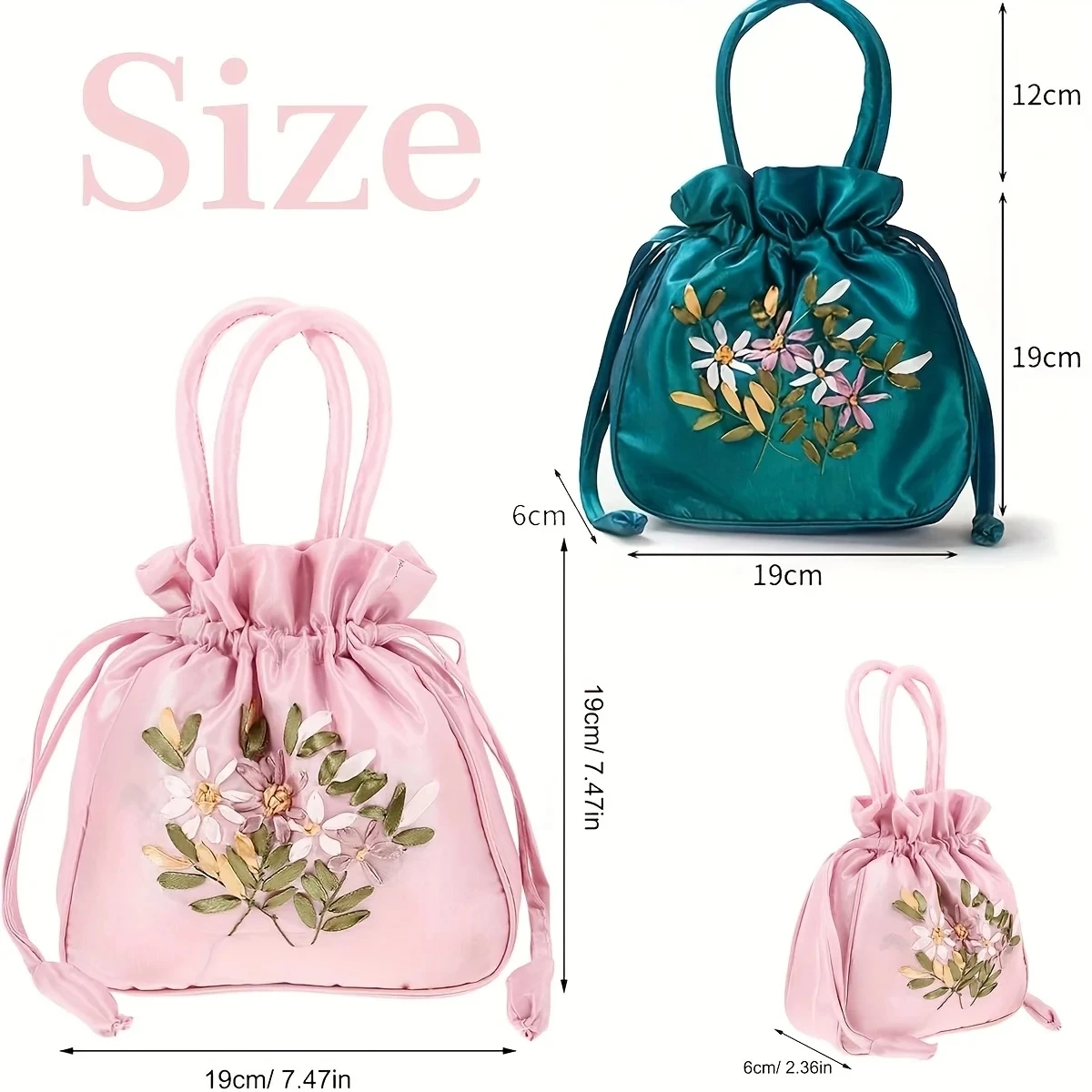 Women Retro Embroidery Drawstring Bucket Bag Shoulder Handbag Purse Wallet Card Holder Wrist Bag Storage Bag thumbnail 5
