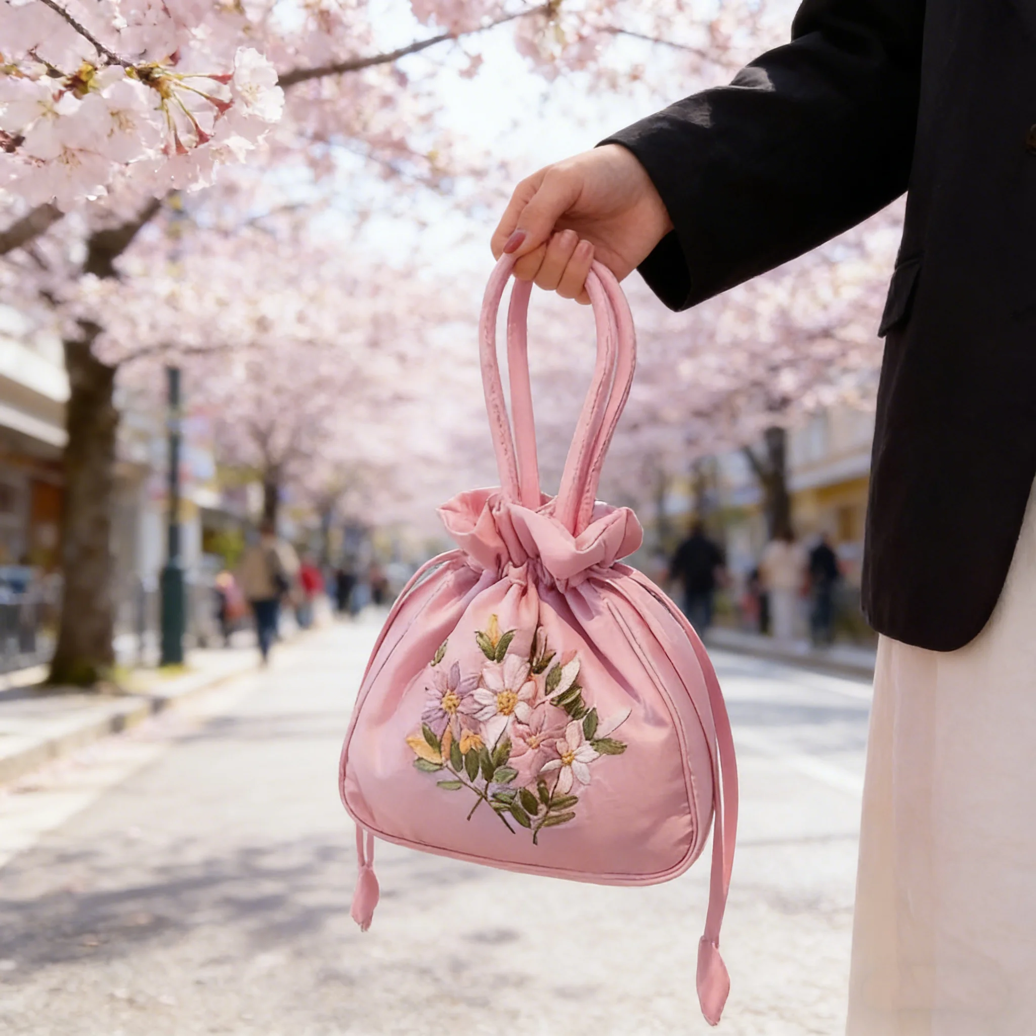 Women Retro Embroidery Drawstring Bucket Bag Shoulder Handbag Purse Wallet Card Holder Wrist Bag Storage Bag thumbnail 4