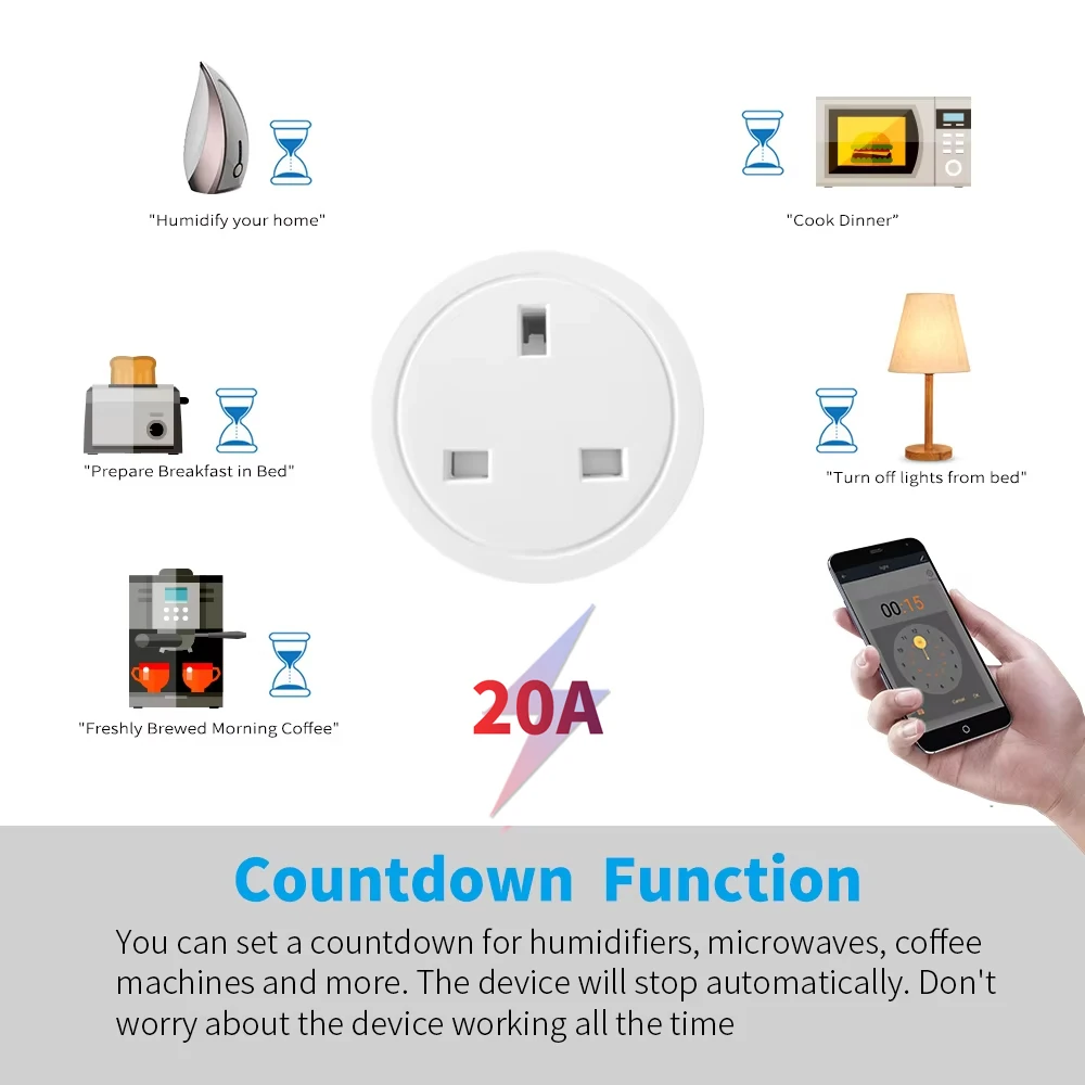 Tuya Smart Socket WiFi 20A  UK Plug Home Alexa Voice Control With Energy Monitering Timer Function Power Outlet Set 3-pin thumbnail 5