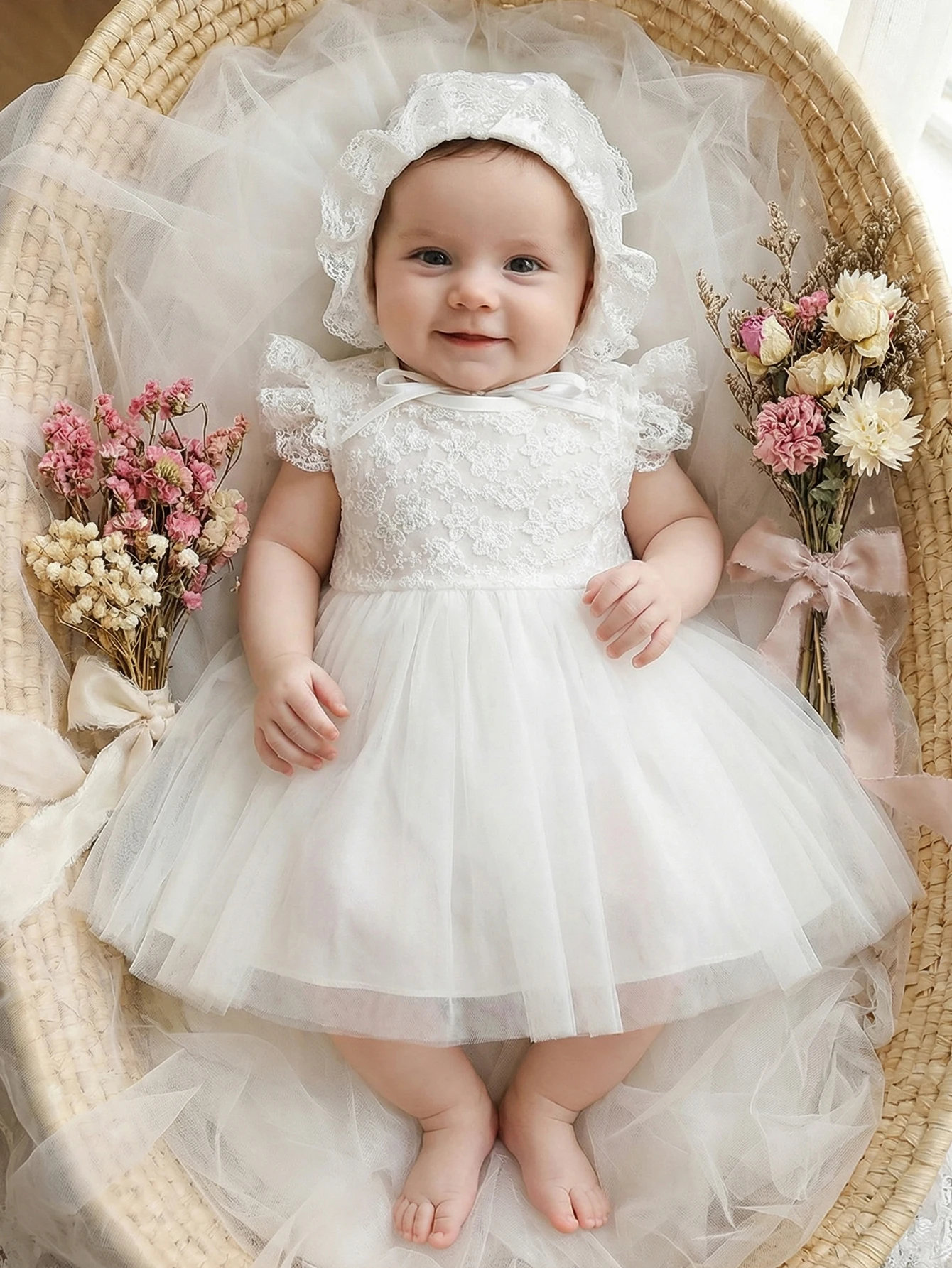 Baby girl, 0-2 years old, white dress with lace trim and floral embroidery, fluffy net fabric, for baptism, with a hat
