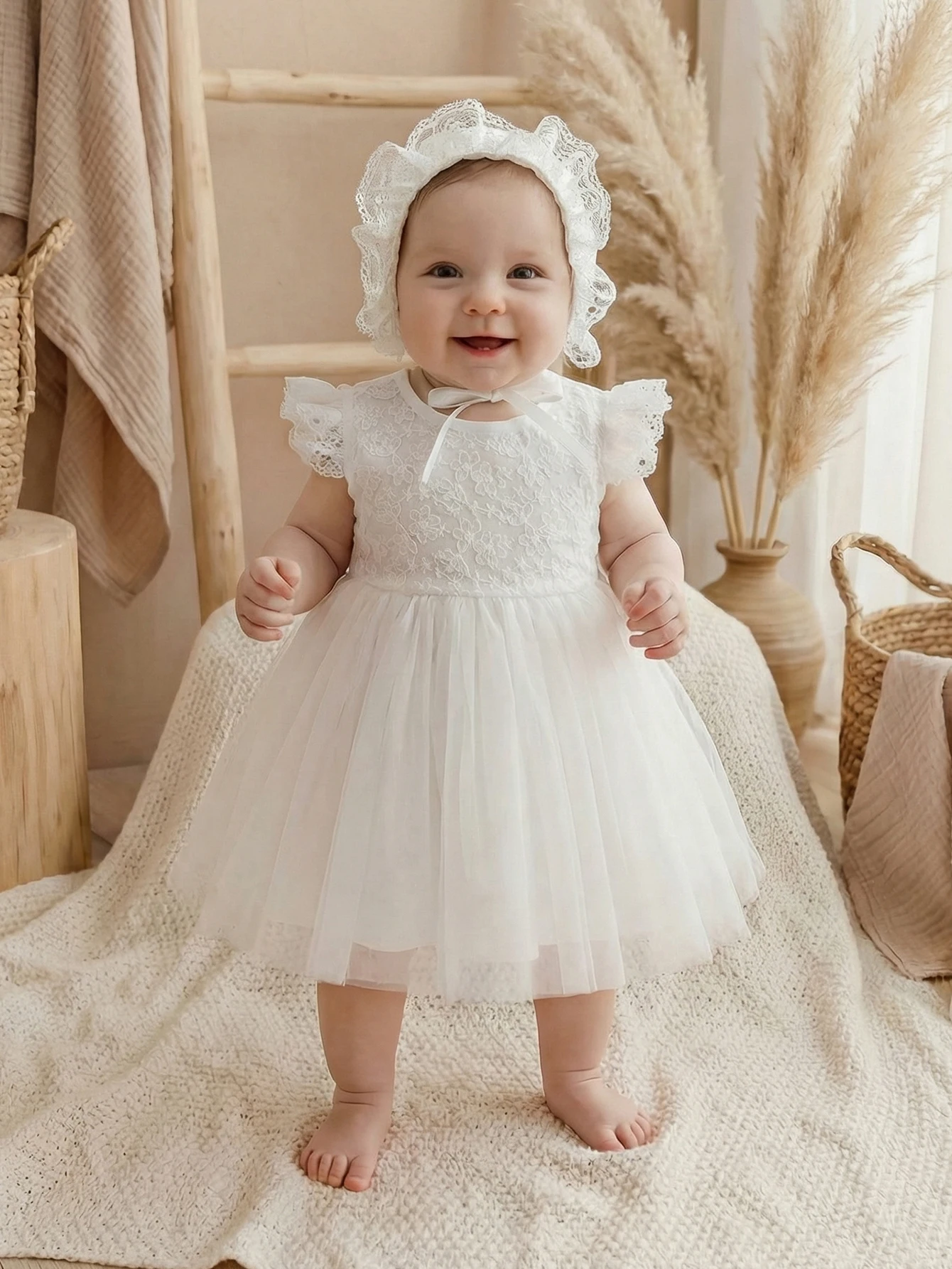 Baby girl, 0-2 years old, white dress with lace trim and floral embroidery, fluffy net fabric, for baptism, with a hat thumbnail 2