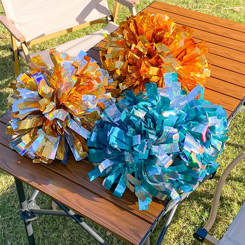 Colorful Laser Cheerleading Pom Poms with Baton Handle for Team Spirit Sports Dance Cheering Kids Adults