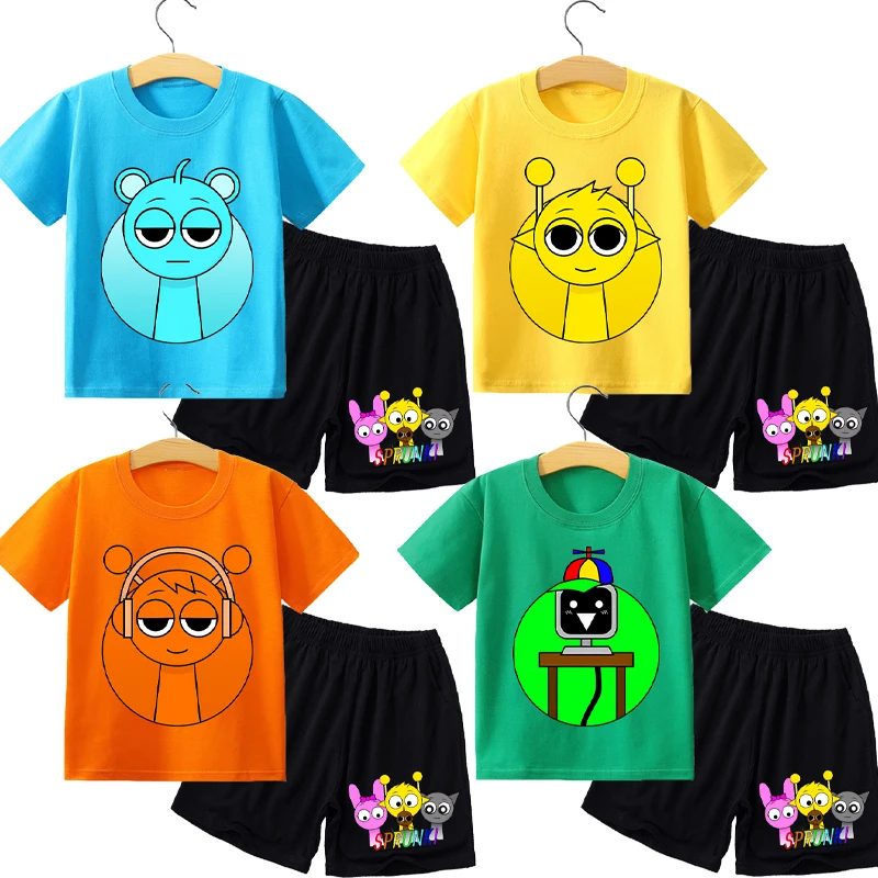 Sprunki 2pcs T-shirt Shorts Suit for Boys Girls Anime Cartoon Cute Short-sleeved Top Pants Set Children Summer Fashion Clothes