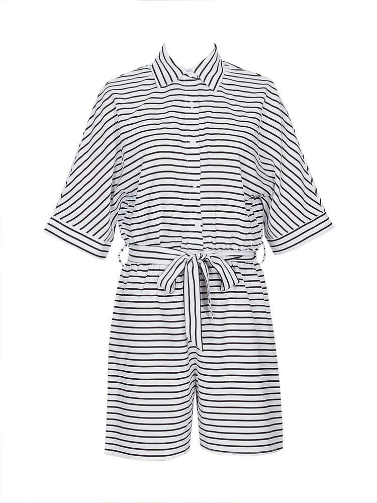 Women's Striped Short Sleeve Romper, Turn-Down Collar Tie Waist Short Jumpsuit, Casual Beach Outfit for Summer Vacation thumbnail 2