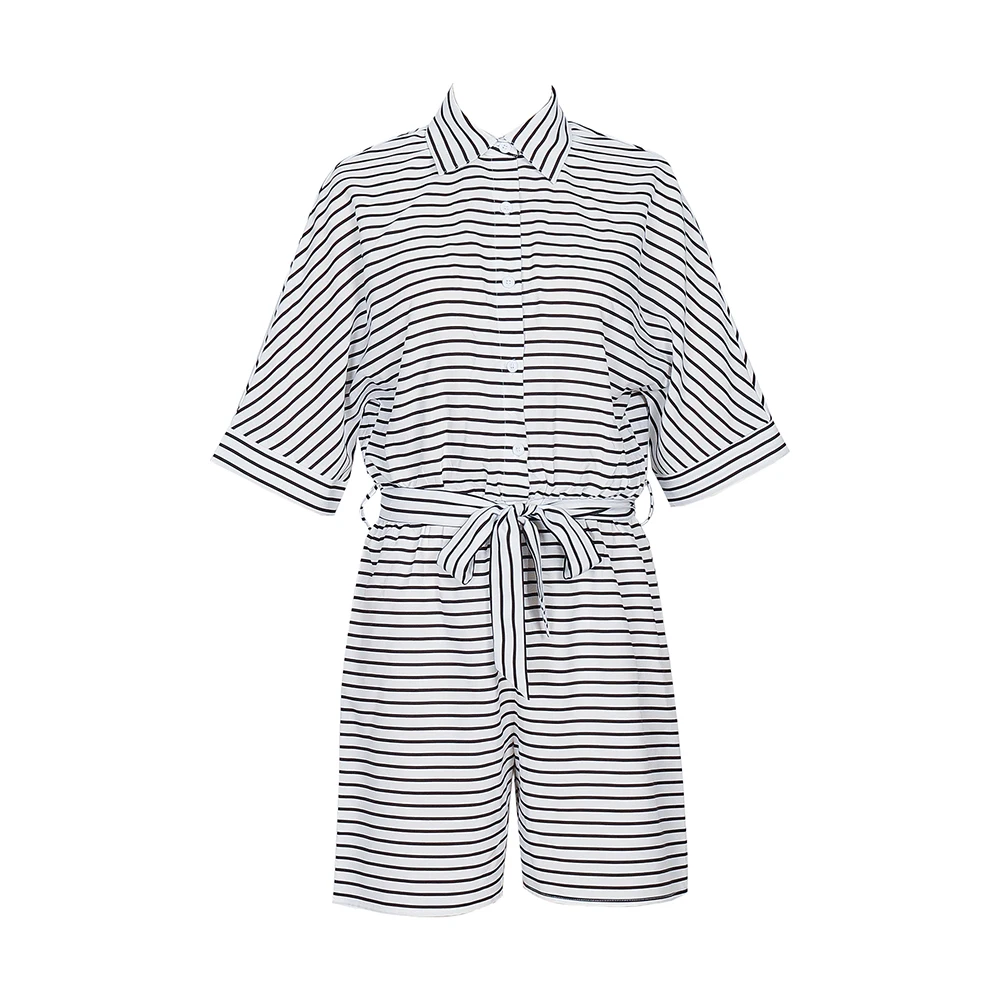 Women's Striped Short Sleeve Romper, Turn-Down Collar Tie Waist Short Jumpsuit, Casual Beach Outfit for Summer Vacation thumbnail 6