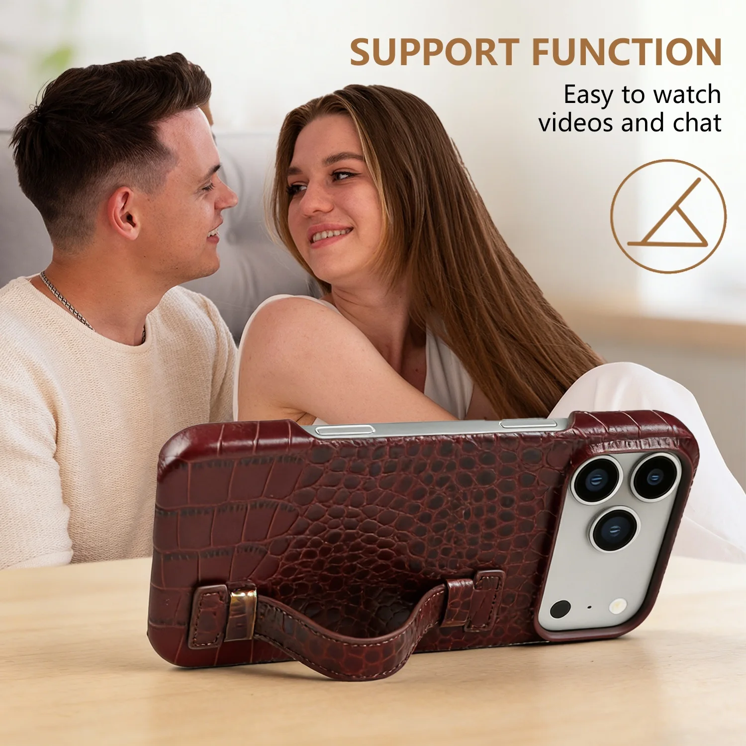 Luxury Genuine Leather Case With Wrist Strap Kickstand For iPhone 17 Pro Max 16 15 14 13 12 Crocodile Pattern Protective Funda thumbnail 2